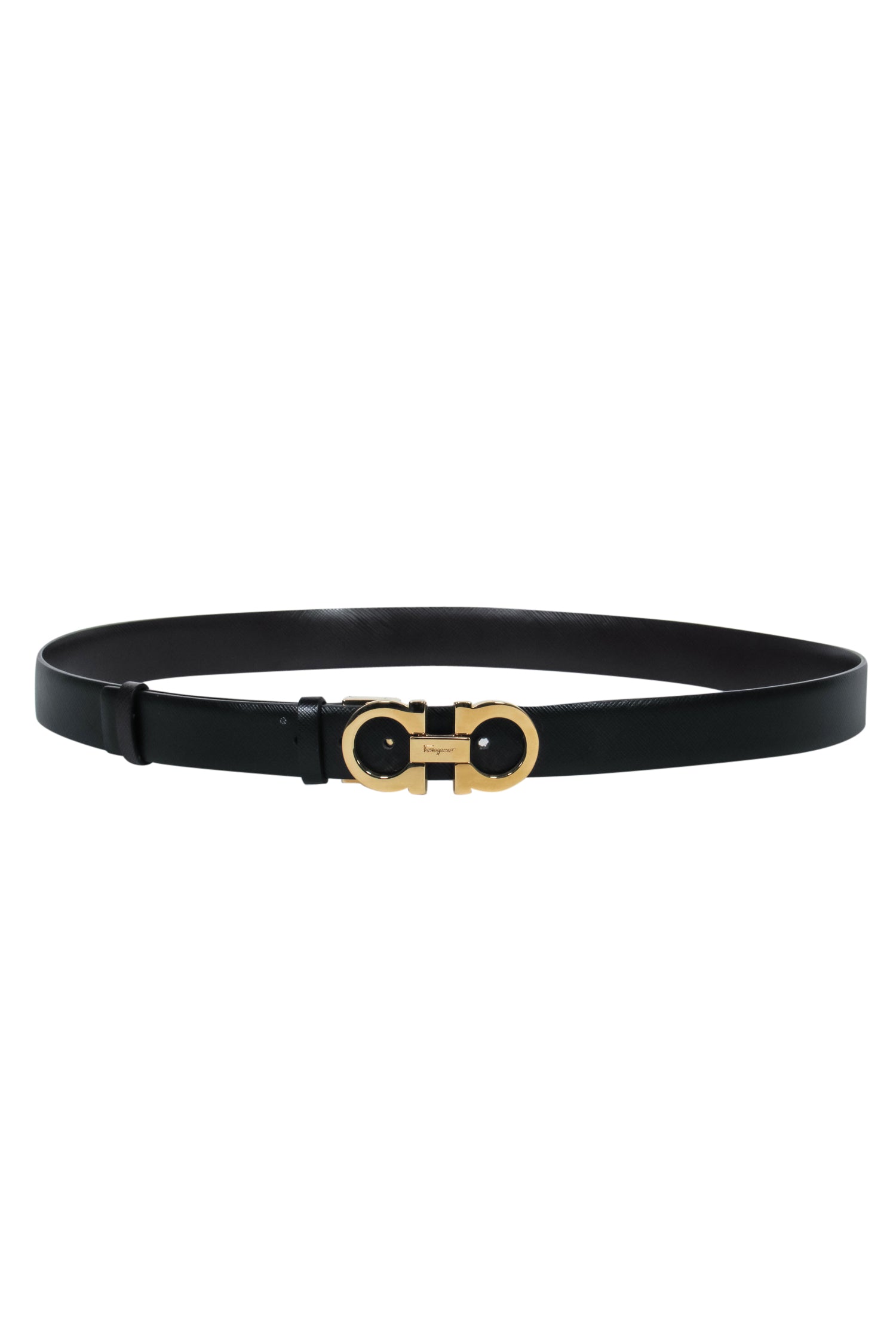 Ferragamo's Luxurious Black Textured Leather Belt with Golden Link Buckle