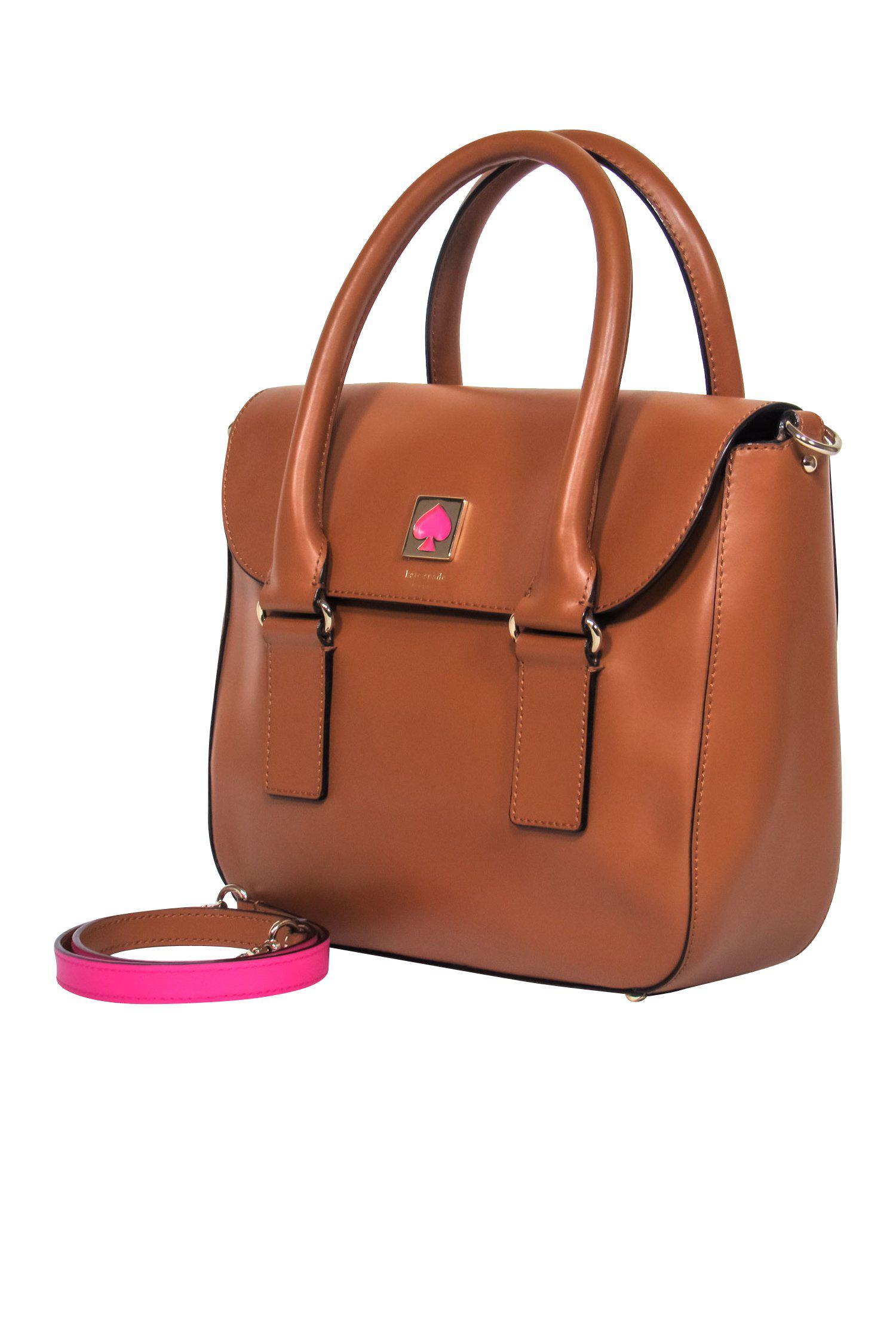 Kate Spade Brown Leather Satchel with Stunning Pink Trim
