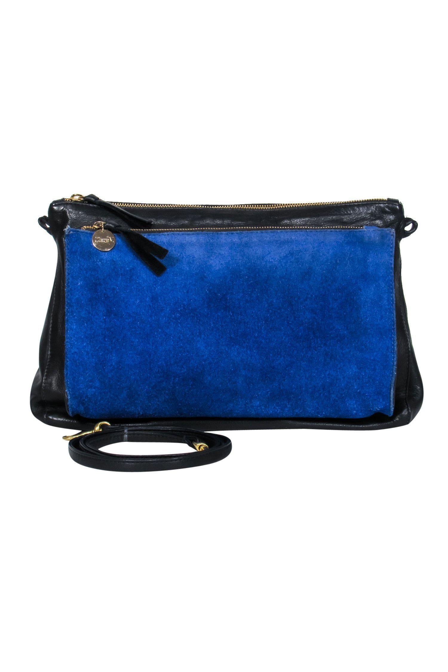 Clare V. - Stylish Black Leather Square Crossbody with Vibrant Blue Suede Pocket