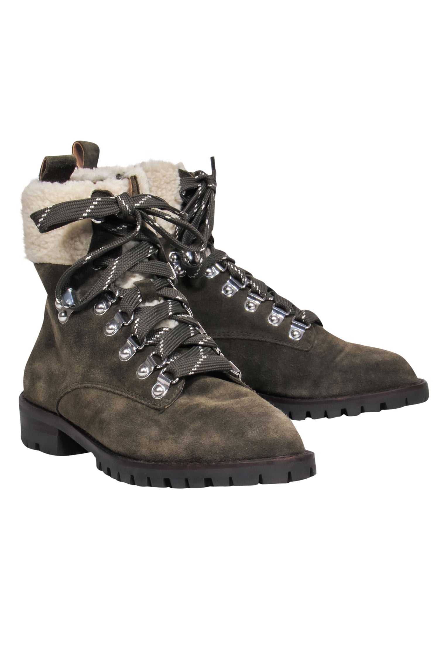 Rebecca Minkoff Olive Suede Lace - Up Combat Boots with Faux Shearling Trim, Size 6.5