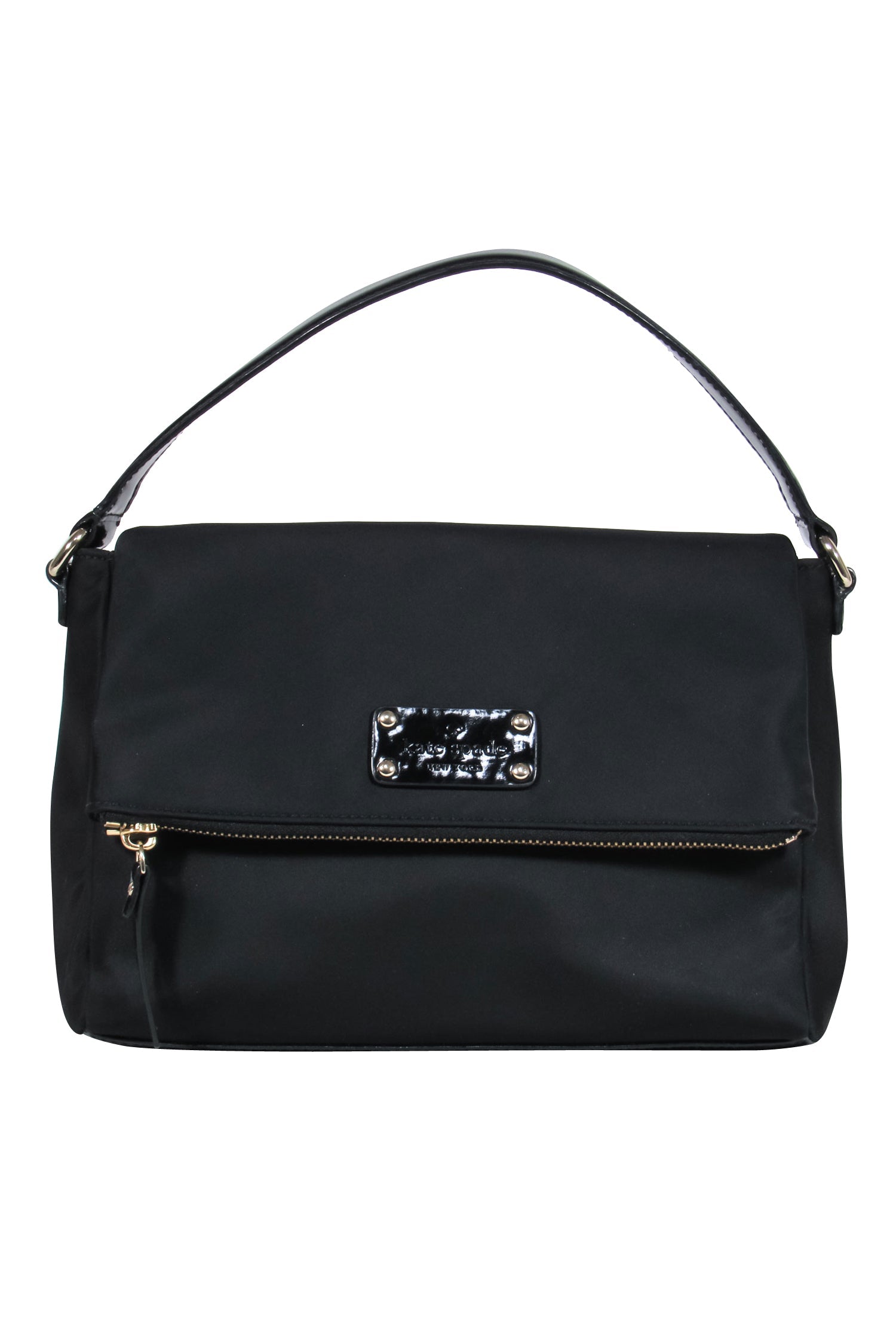 Kate Spade's Stylish Black Nylon & Patent Leather Flap Shoulder Bag