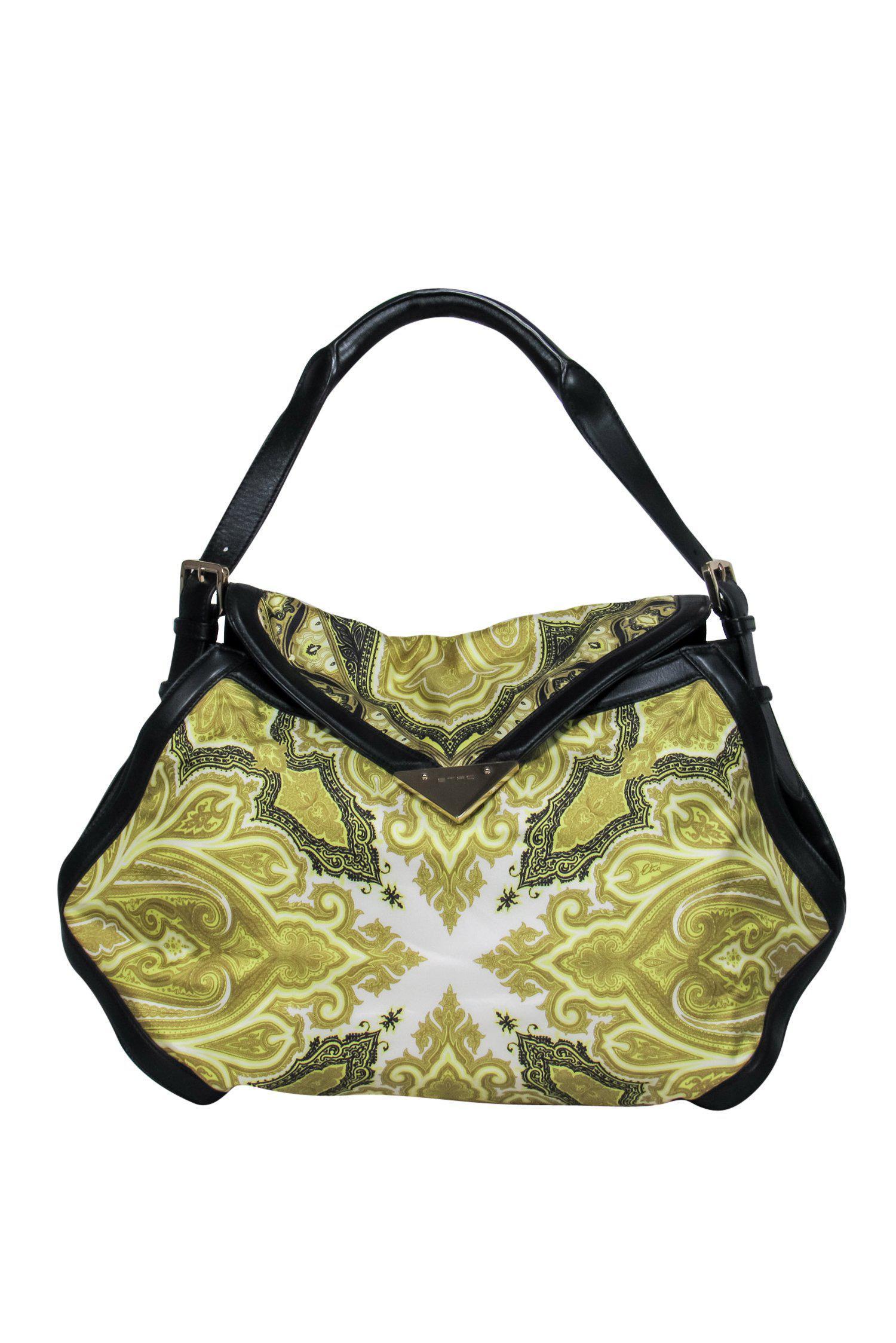 Etro - Stunning Lime Green & Black Damask Printed Satin Leather Bag