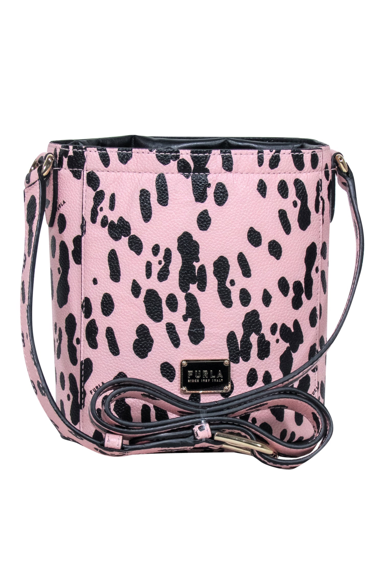 Furla - Charming Light Pink & Black Spotted Leather Bucket Crossbody Bag