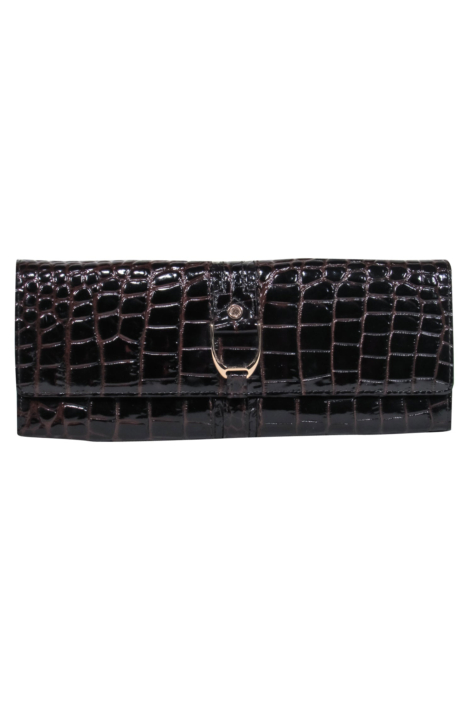 Cole Haan's Stunning Brown Patent Leather Crocodile Embossed Clutch