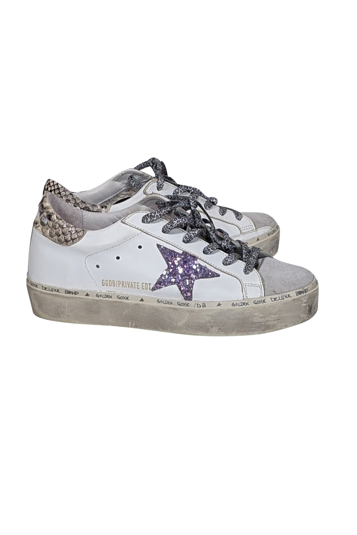 Golden Goose White Hi - Star Sneakers with Purple Glitter Star - Size 8