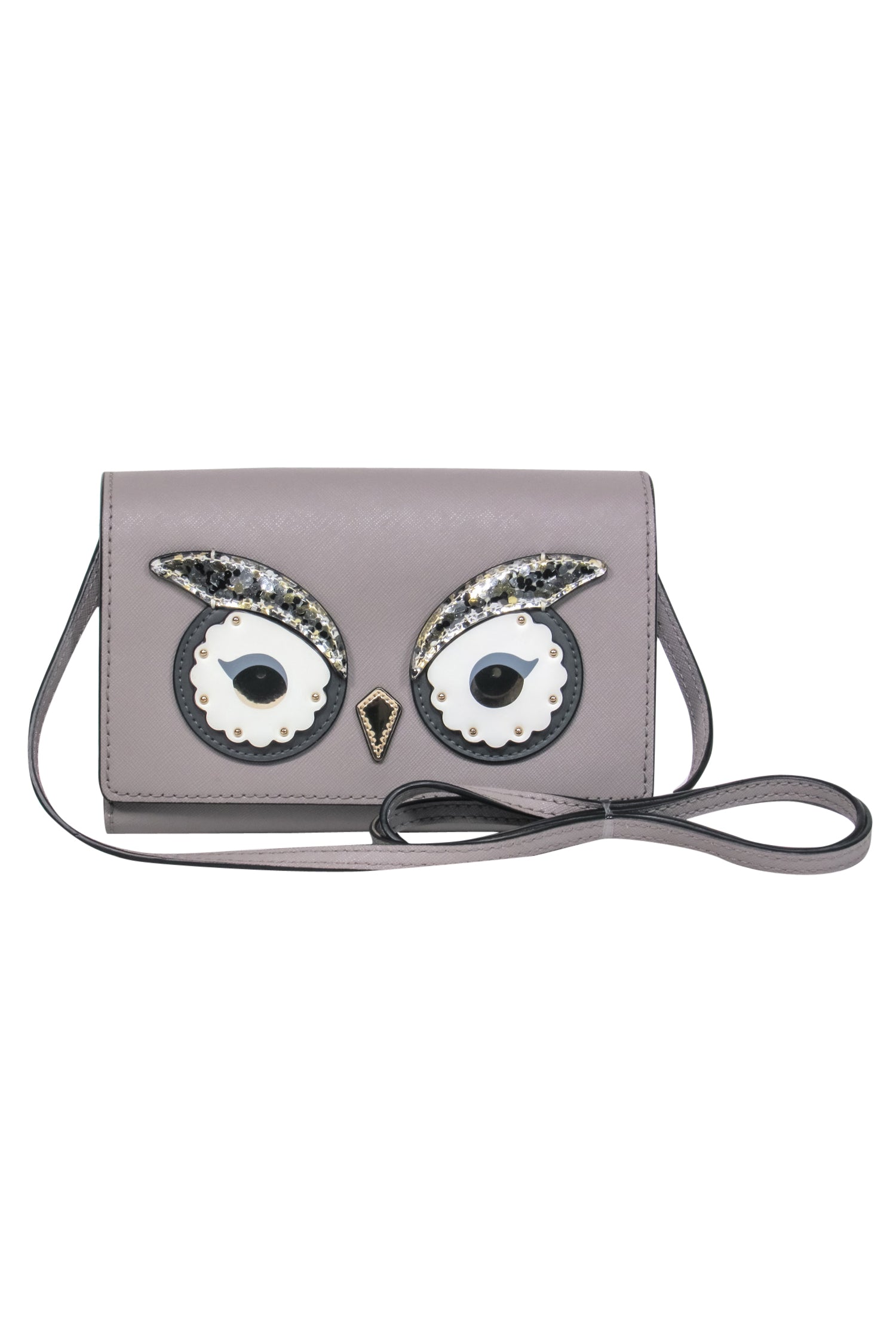 Kate Spade - Grey Textured Leather Fold-Over Sparkling Owl Crossbody Bag