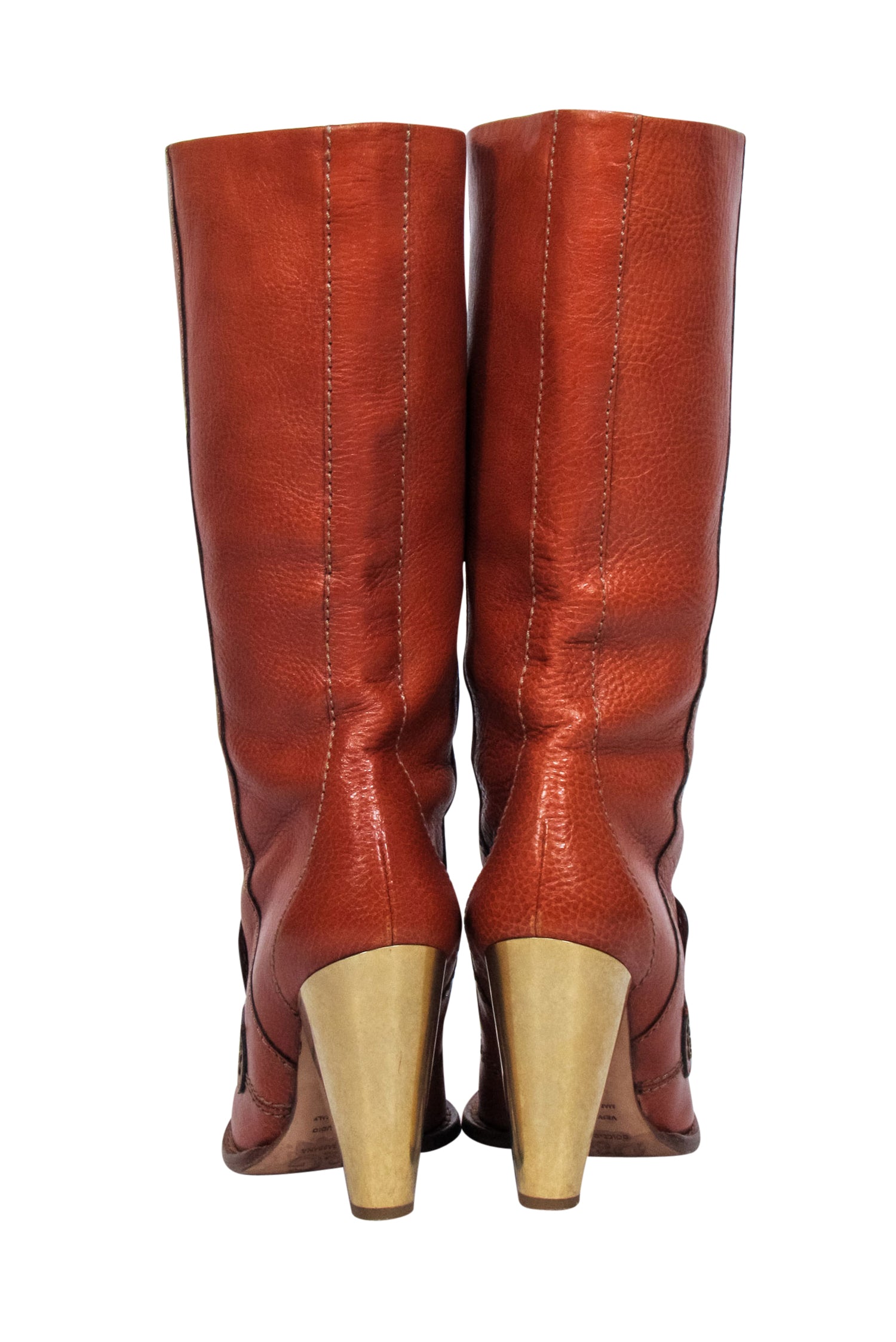 Dolce & Gabbana Tan Leather Tall Boots with Gold Heel - Size 7.5 - Festival Fashion Must-Have
