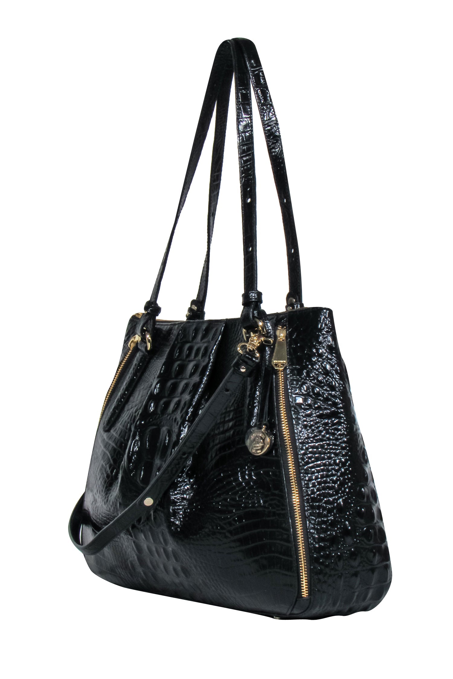 Brahmin Black Patent Leather Croc-Embossed Luxury Tote Bag