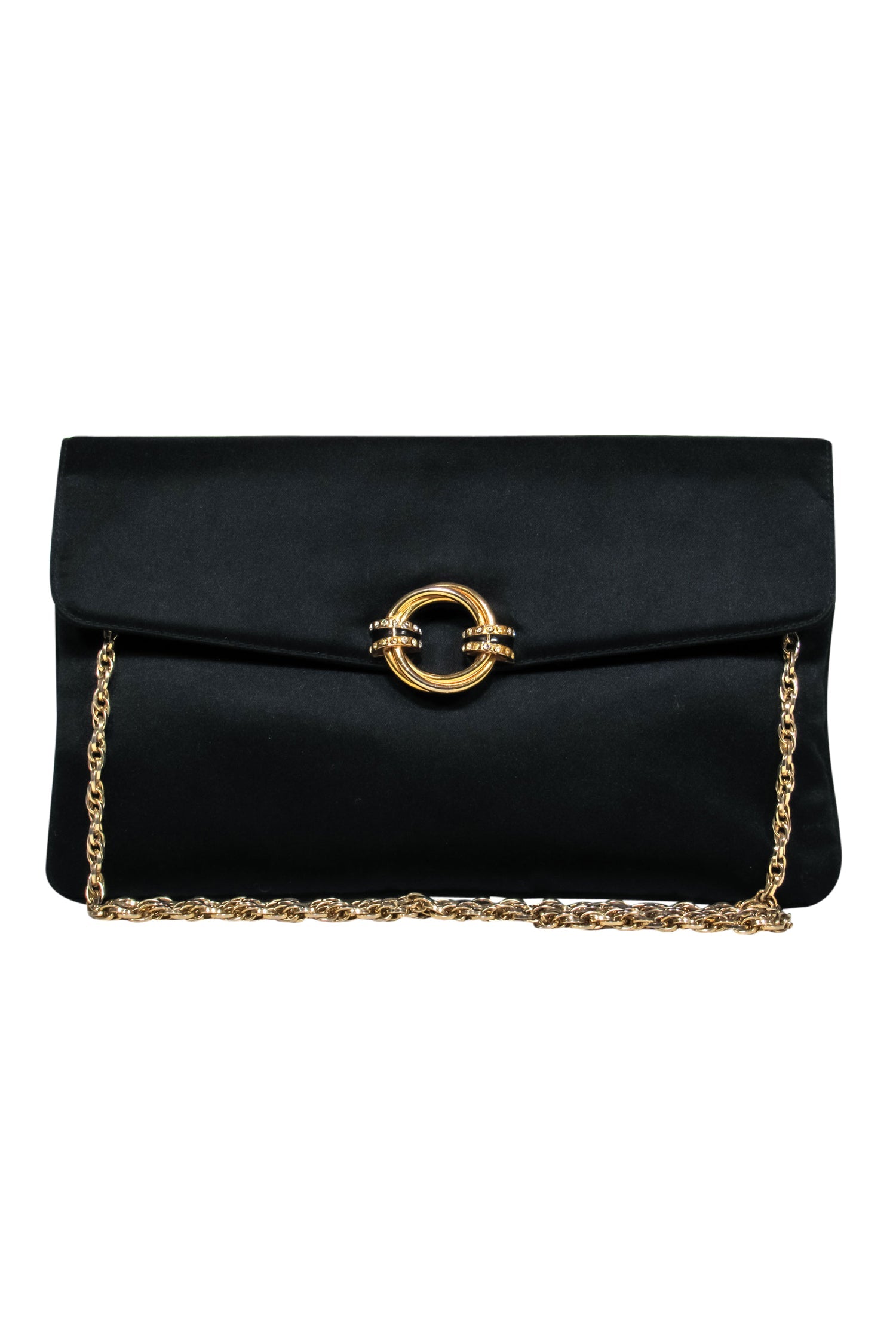Rodo Black Satin Clutch: The Glamorous Party Essential with Gold Chain & Brooch