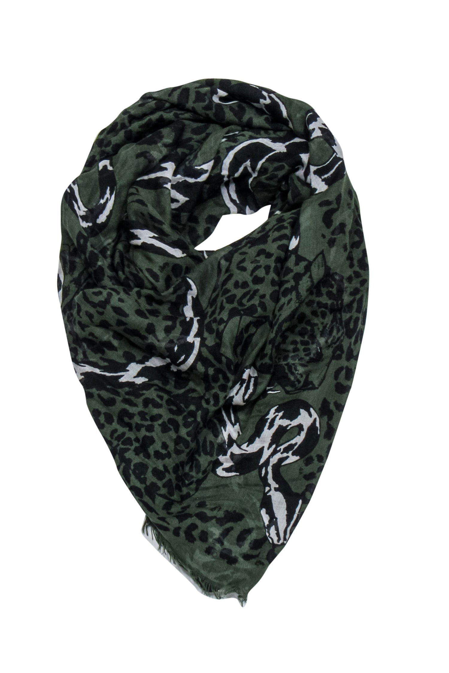 Alexander McQueen - Stunning Dark Green Leopard & Snake Printed Scarf with Frayed Edges