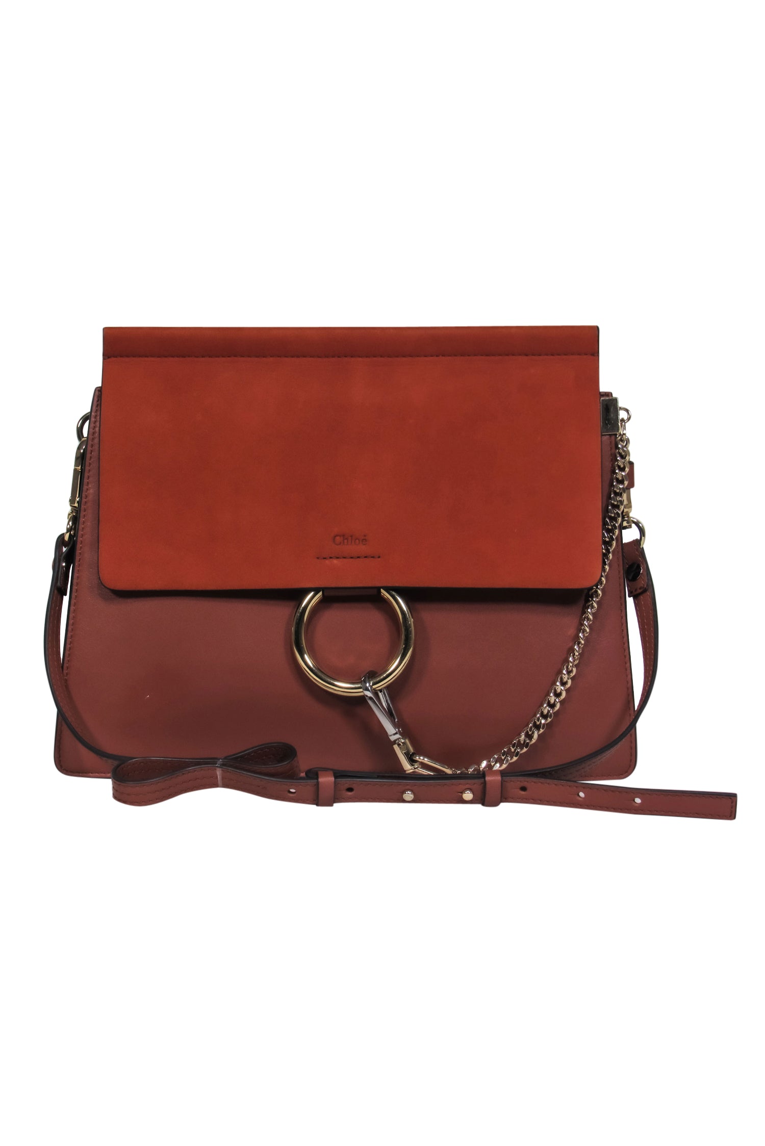 Chloe Faye Fold-Over Shoulder Bag: Brown Leather & Suede with Stunning Ring Hardware