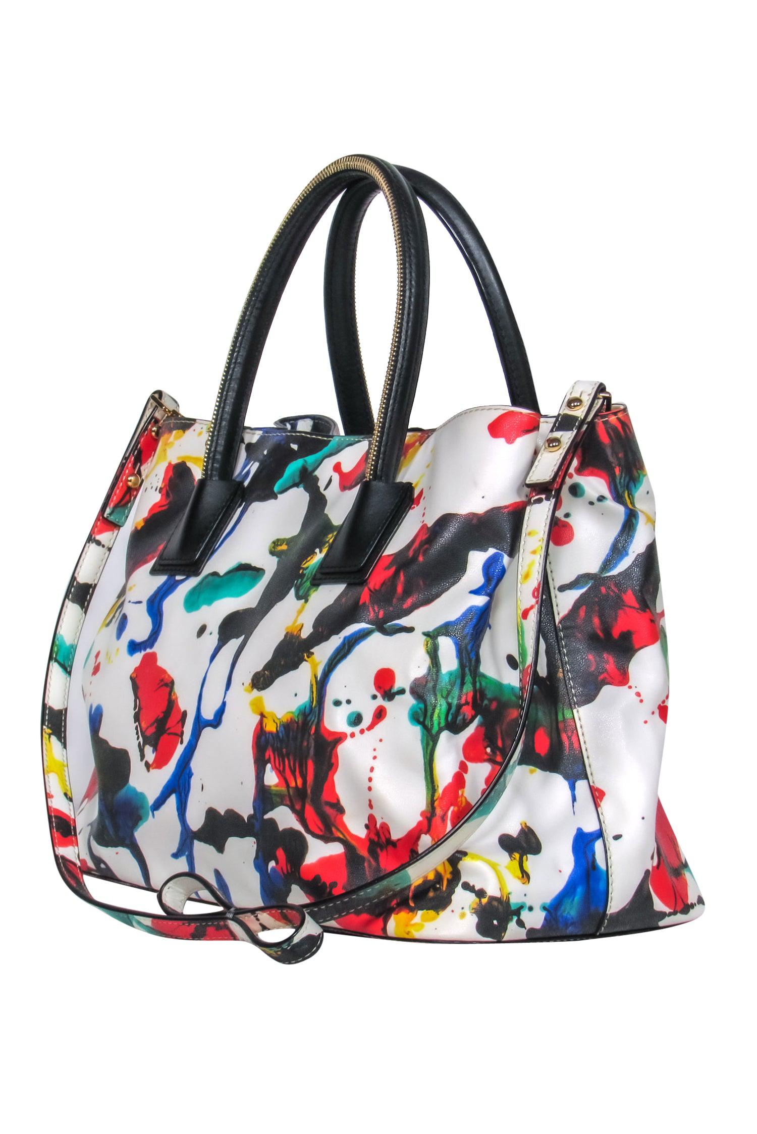 Milly's Exquisite White & Multicolor Paint Splatter Handbag with Detachable Strap