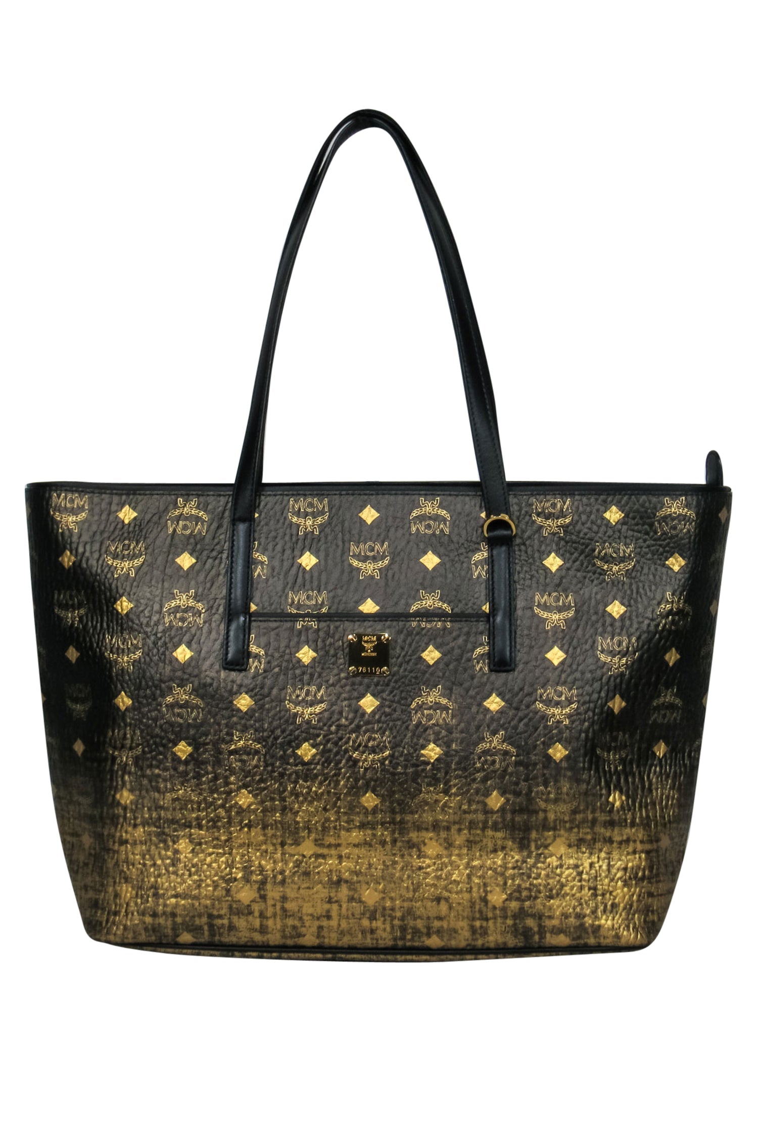 MCM - Stunning Black & Gold Pebbled Leather Ombre Monogram Print Tote