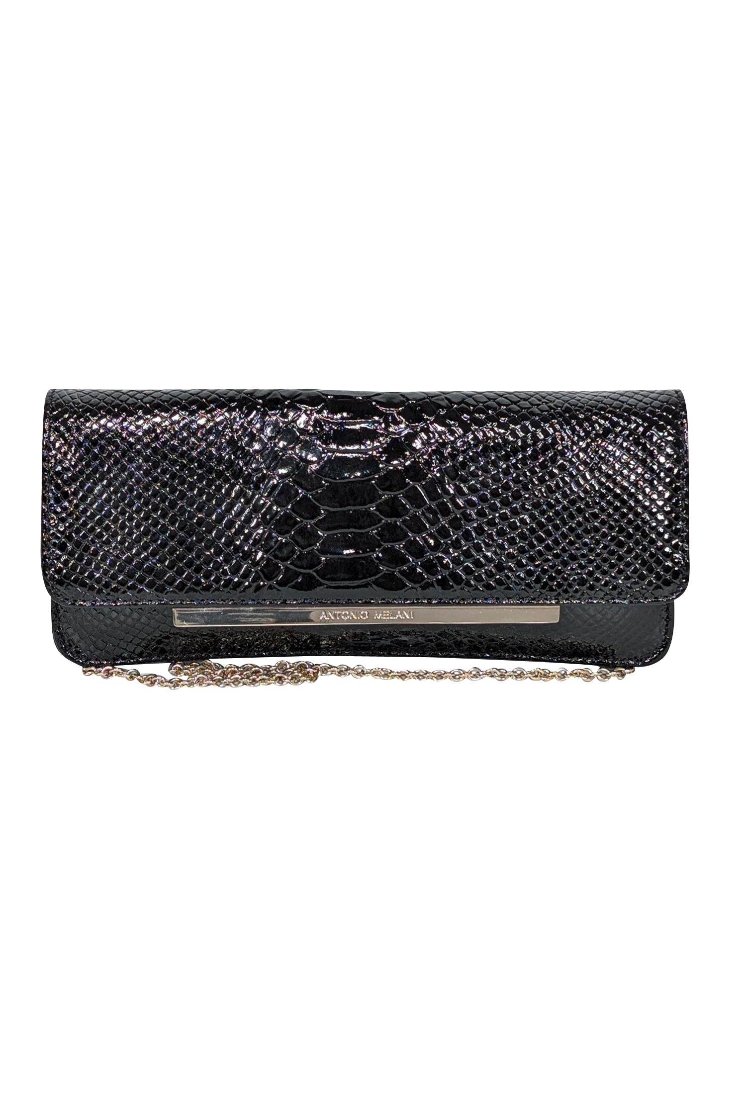 Antonio Melani's Alluring Black Patent Croc-Embossed Shoulder Bag with Chain Strap