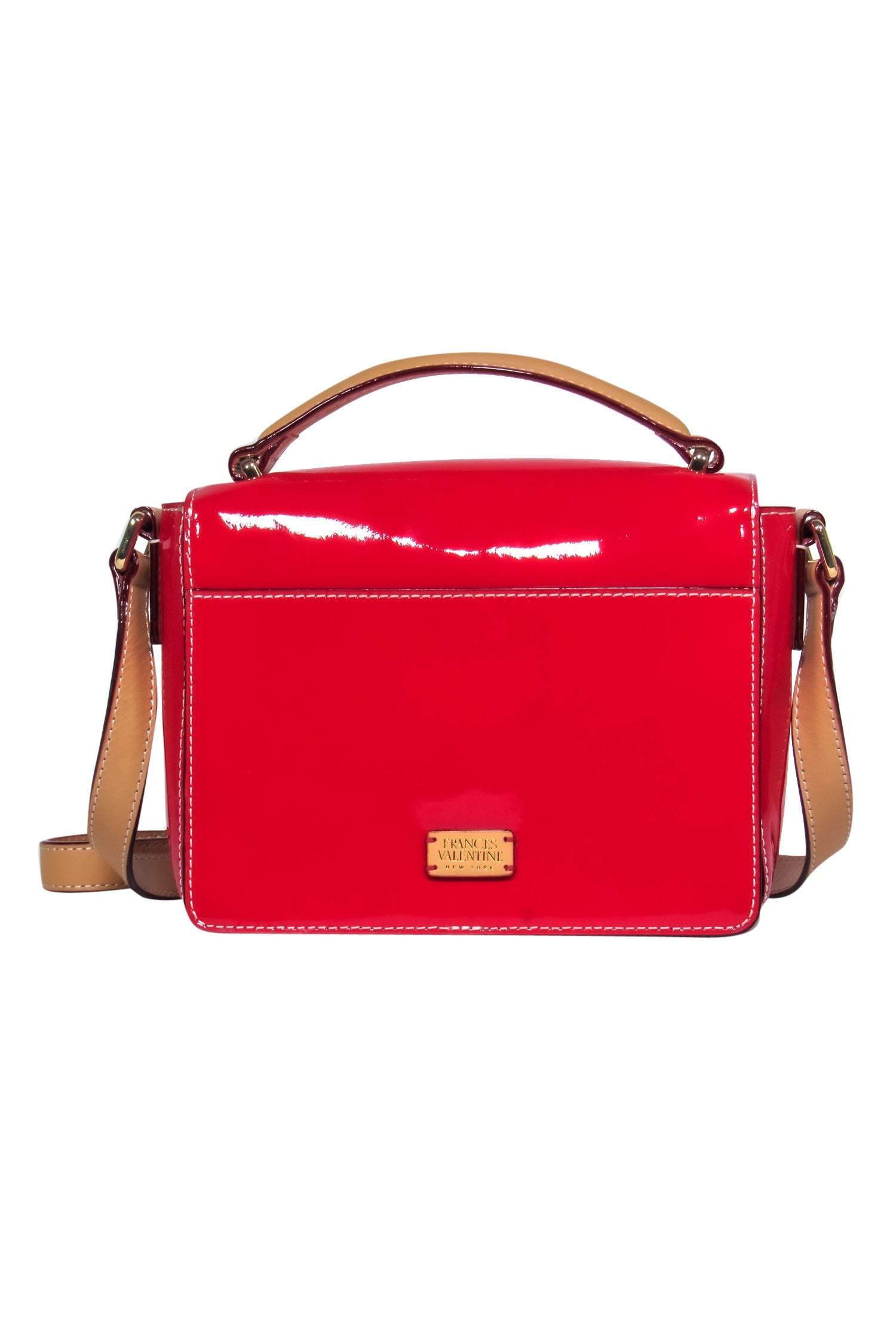 Frances Valentine - Stunning Red Patent Leather Fold-Over Snap Mini Midge Crossbody with Tan Trim