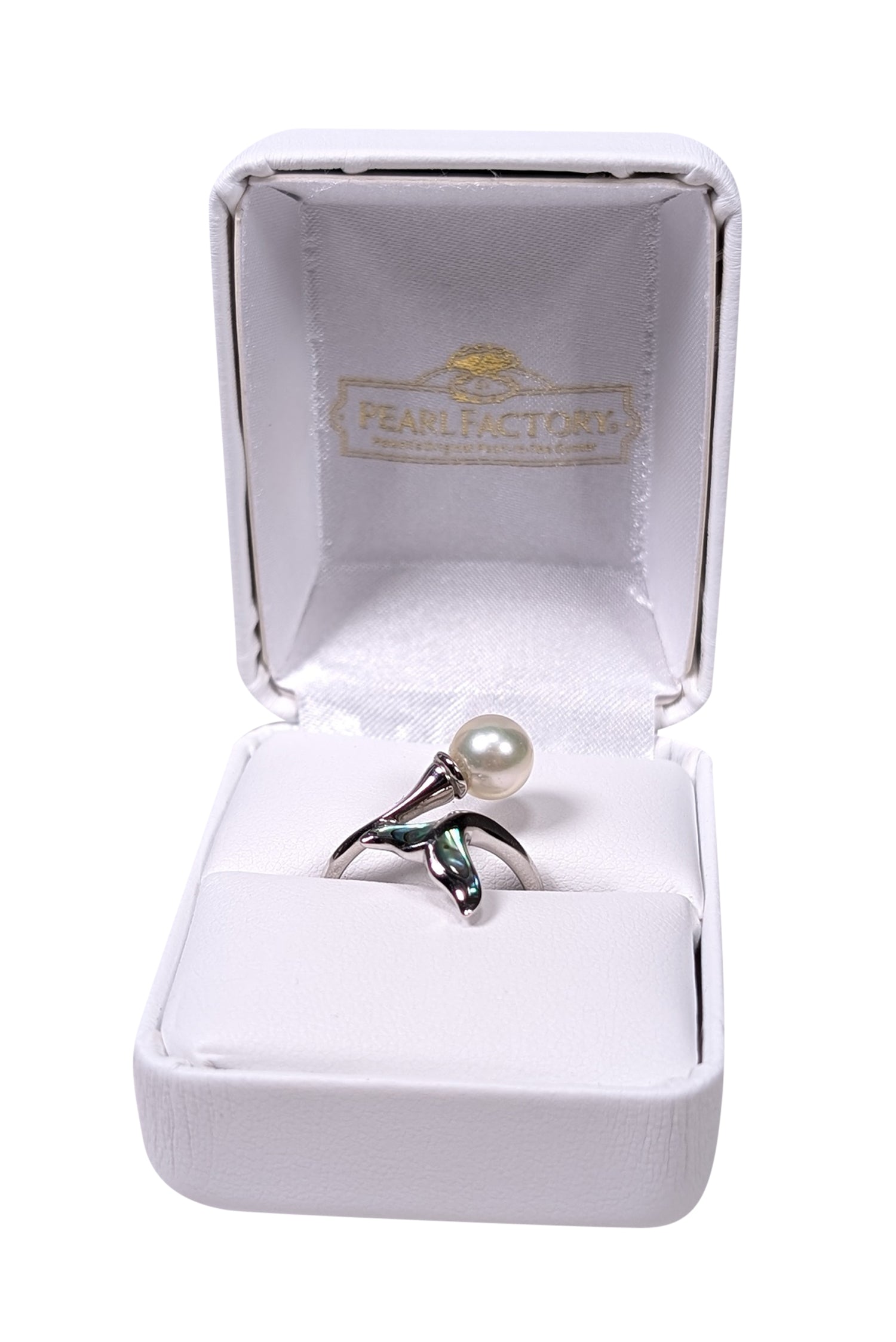 Pearl Factory's Enchanting White 14K Gold Ring with Center Pearl and Teal Mermaid Tail - Size 6