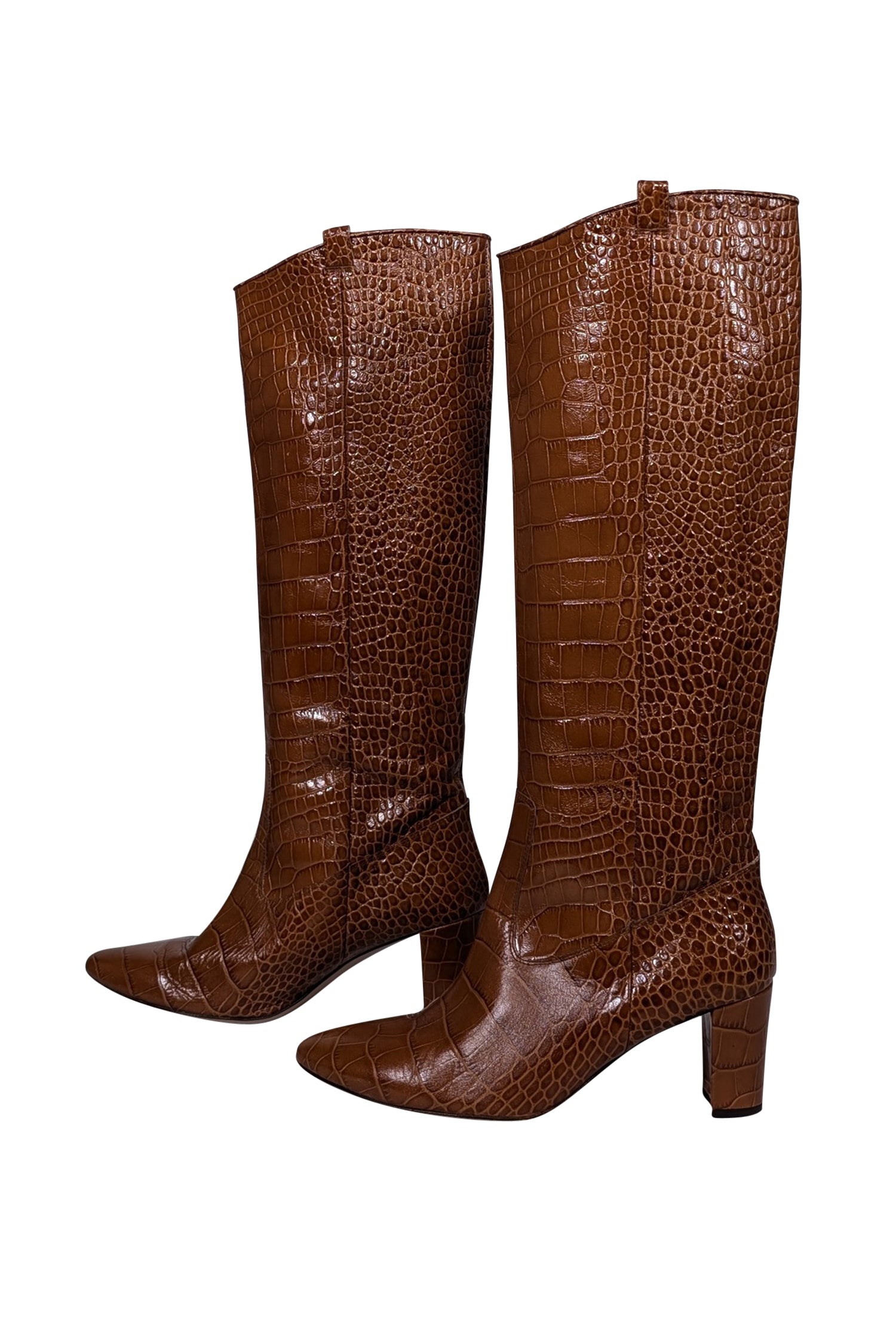 Veronica Beard Terracotta Croc-Embossed Patent Leather Tall Boots - Size 10.5