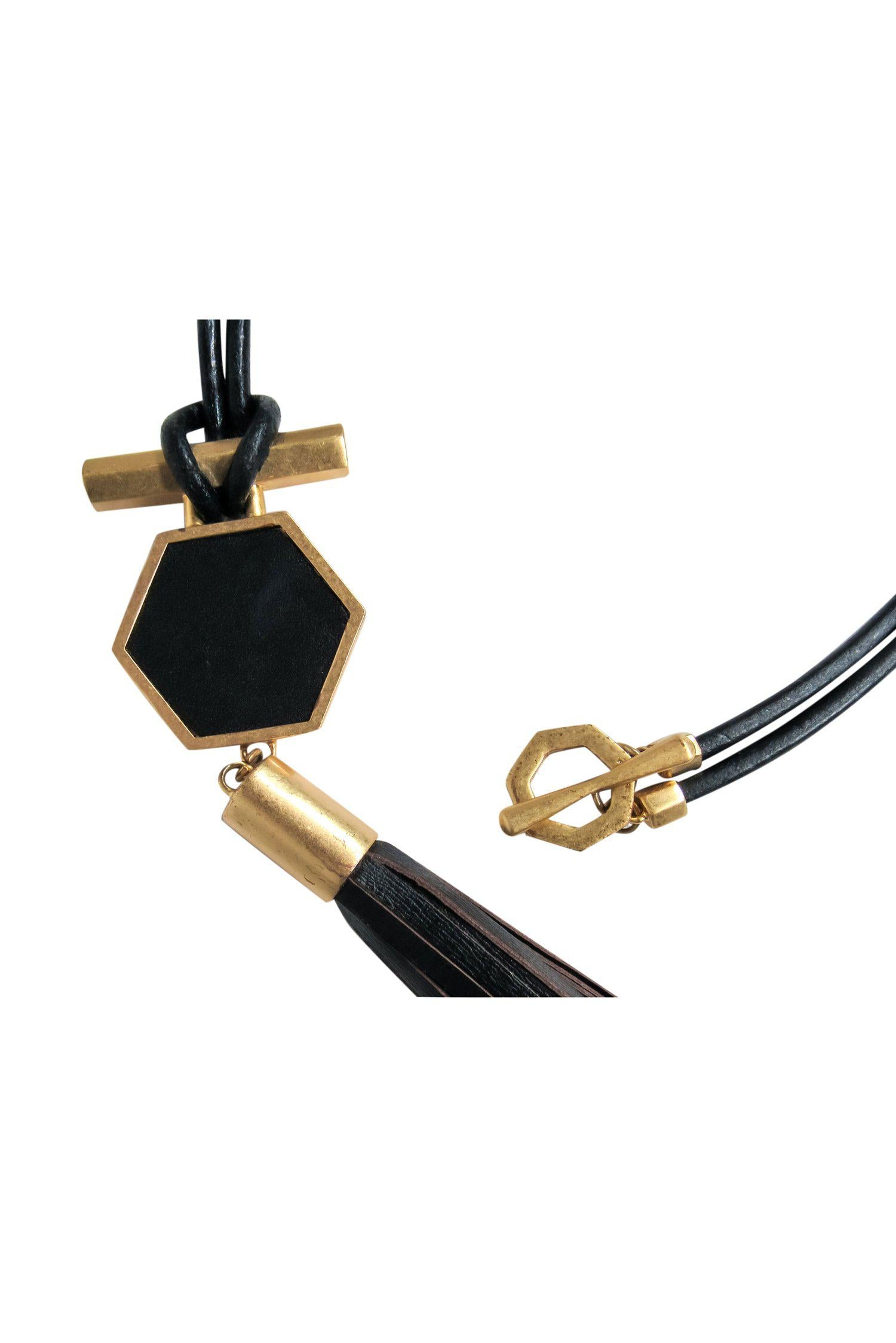 Brooks Brothers - Stunning Black Leather & Gold Hexagonal Tassel Necklace