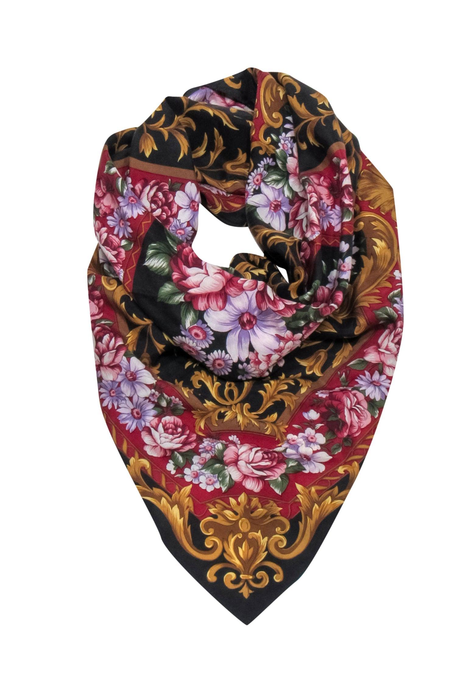 Oscar de la Renta - Exquisite Black & Multicolor Floral Print Silk Scarf