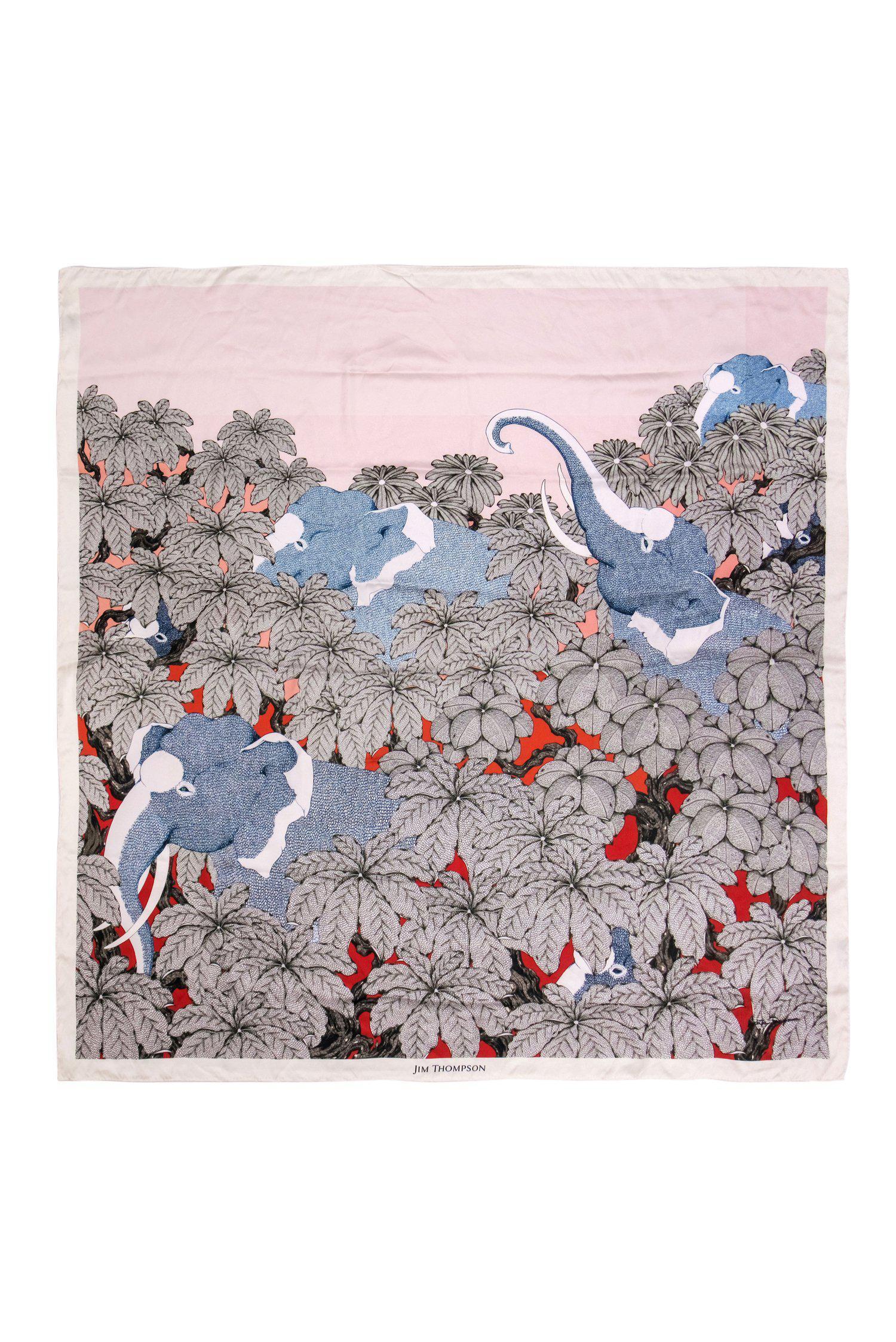Jim Thompson's Exquisite Light Pink, Grey & Blue Elephant Jungle Print Silk Scarf