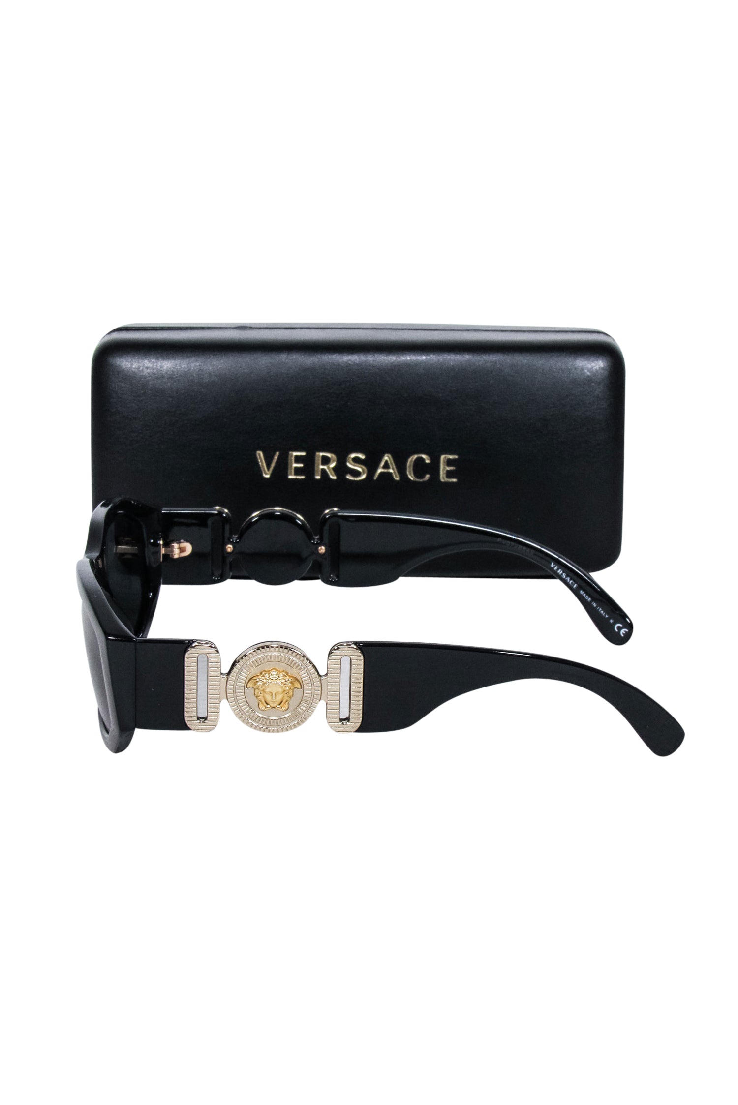 Versace - Stunning Black Rectangular Sunglasses with Gold Head Logo Sides