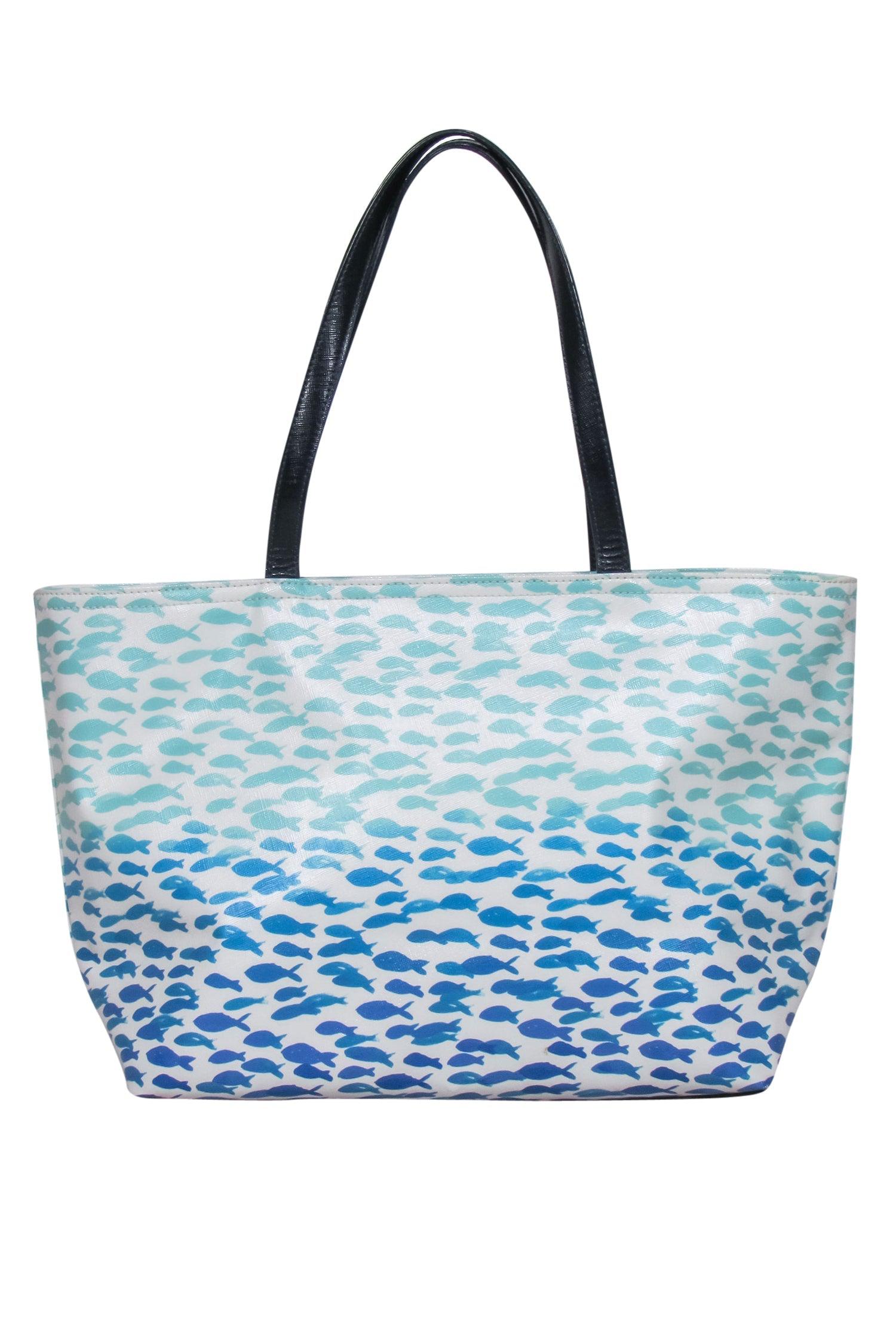 Kate Spade - Stunning White & Blue Fish Print Leather Tote with 'Plenty of Fish in the Sea' Text
