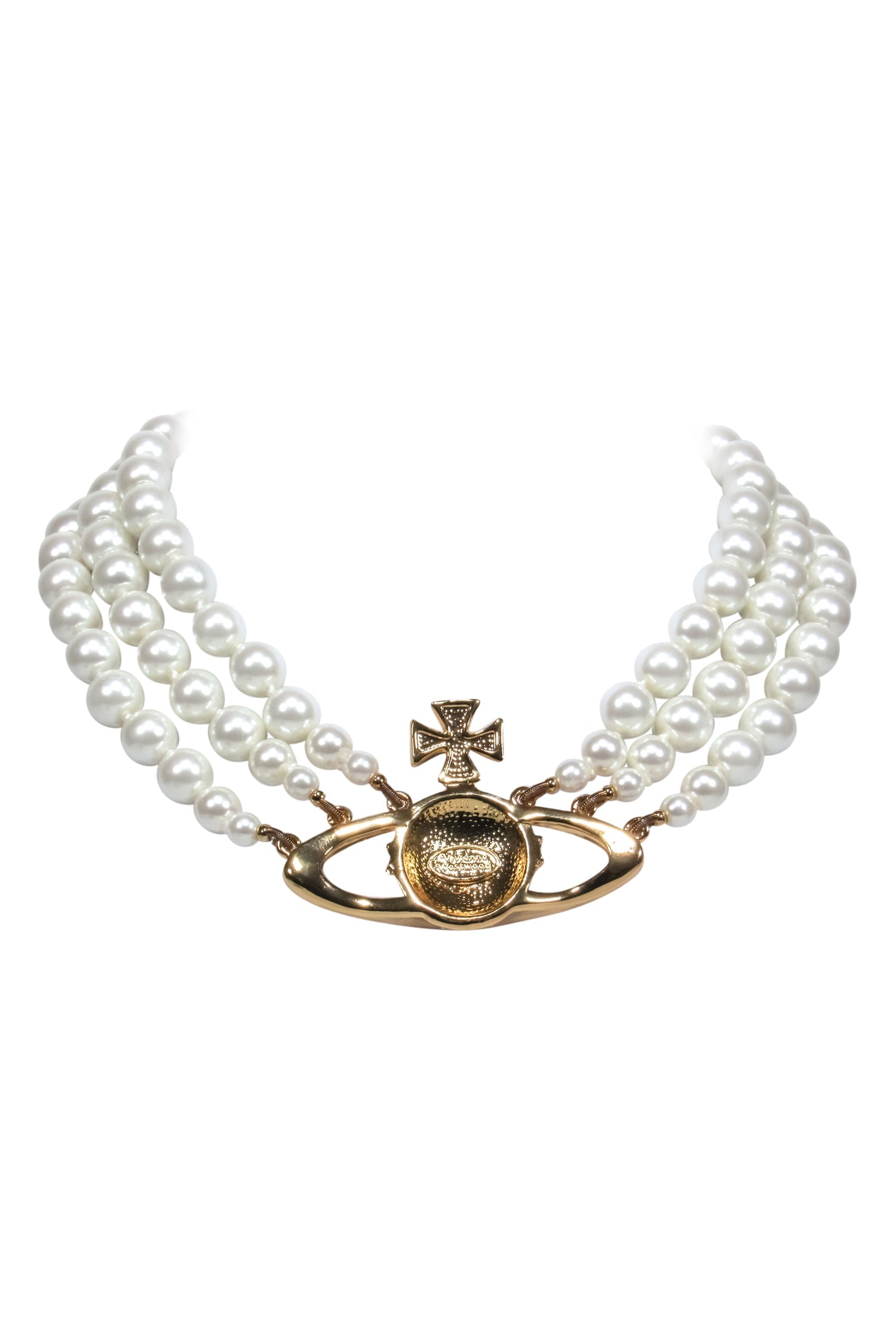 Vivienne Westwood - Glamorous Three-Strand Faux Pearl Choker with Jeweled Gold Logo