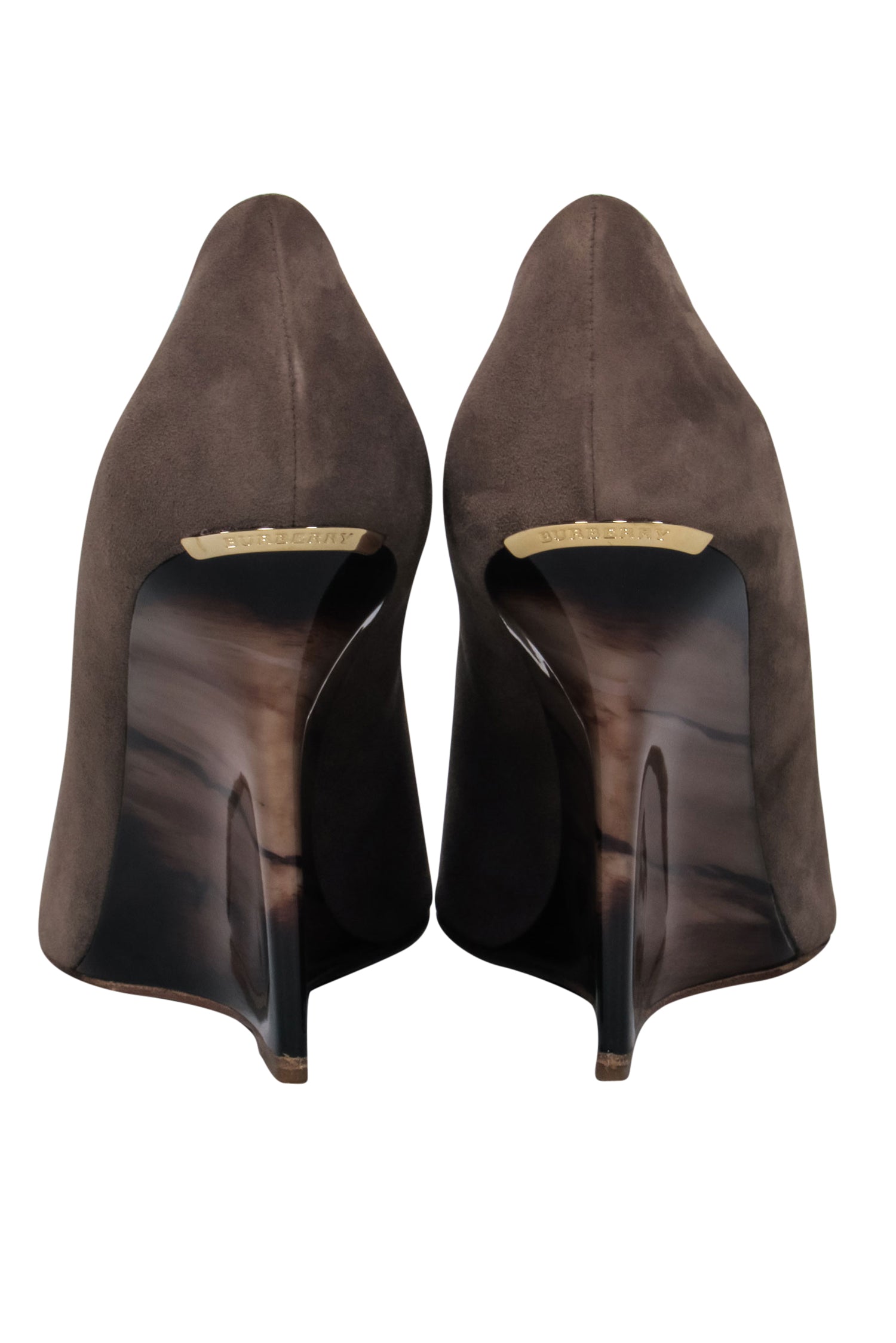 Burberry Taupe Suede Slip-On Wedges with Marbled Heel - Size 10
