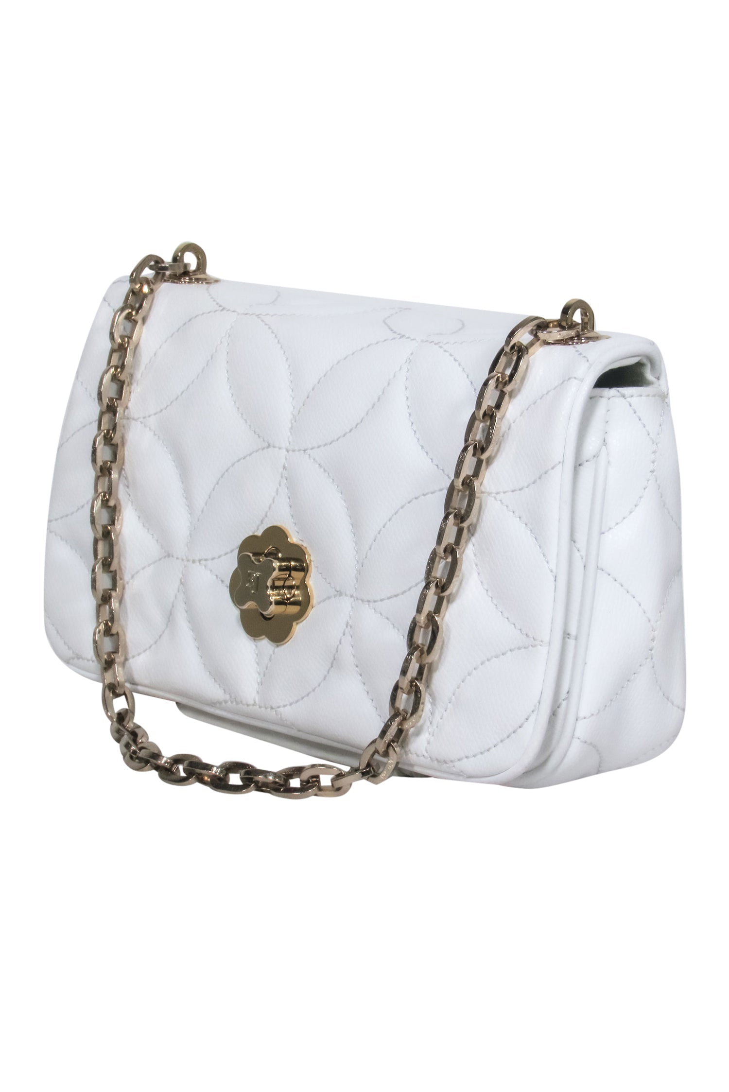 Eric Javits - Stunning White Quilted Leather Gold Chain Baguette with Floral Clasp