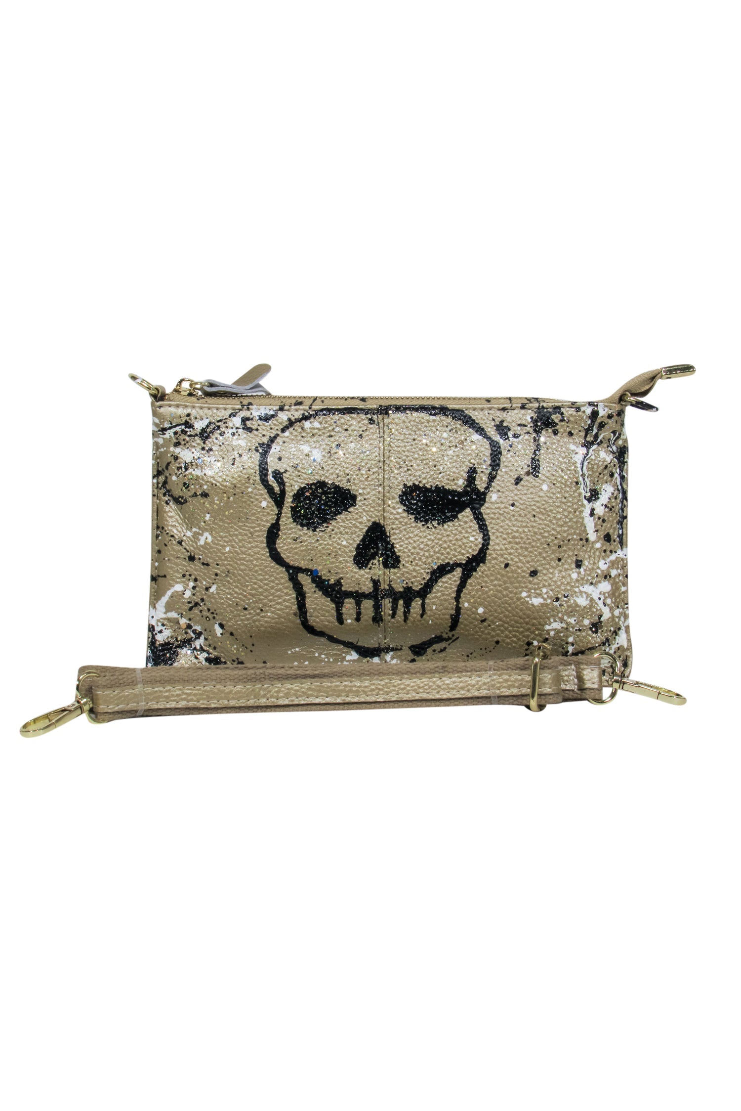 Anca Barbu's Gold Metallic Skull Print Convertible Crossbody Bag - Unleash Your Edge!