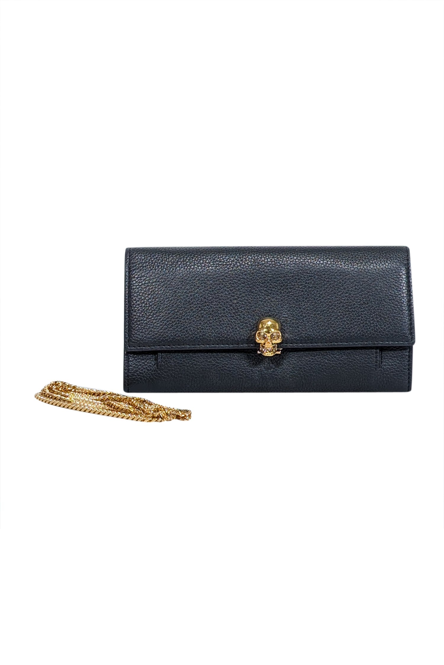 Alexander McQueen's Chic Black Leather Clutch with Stunning Gold Skull Closure
