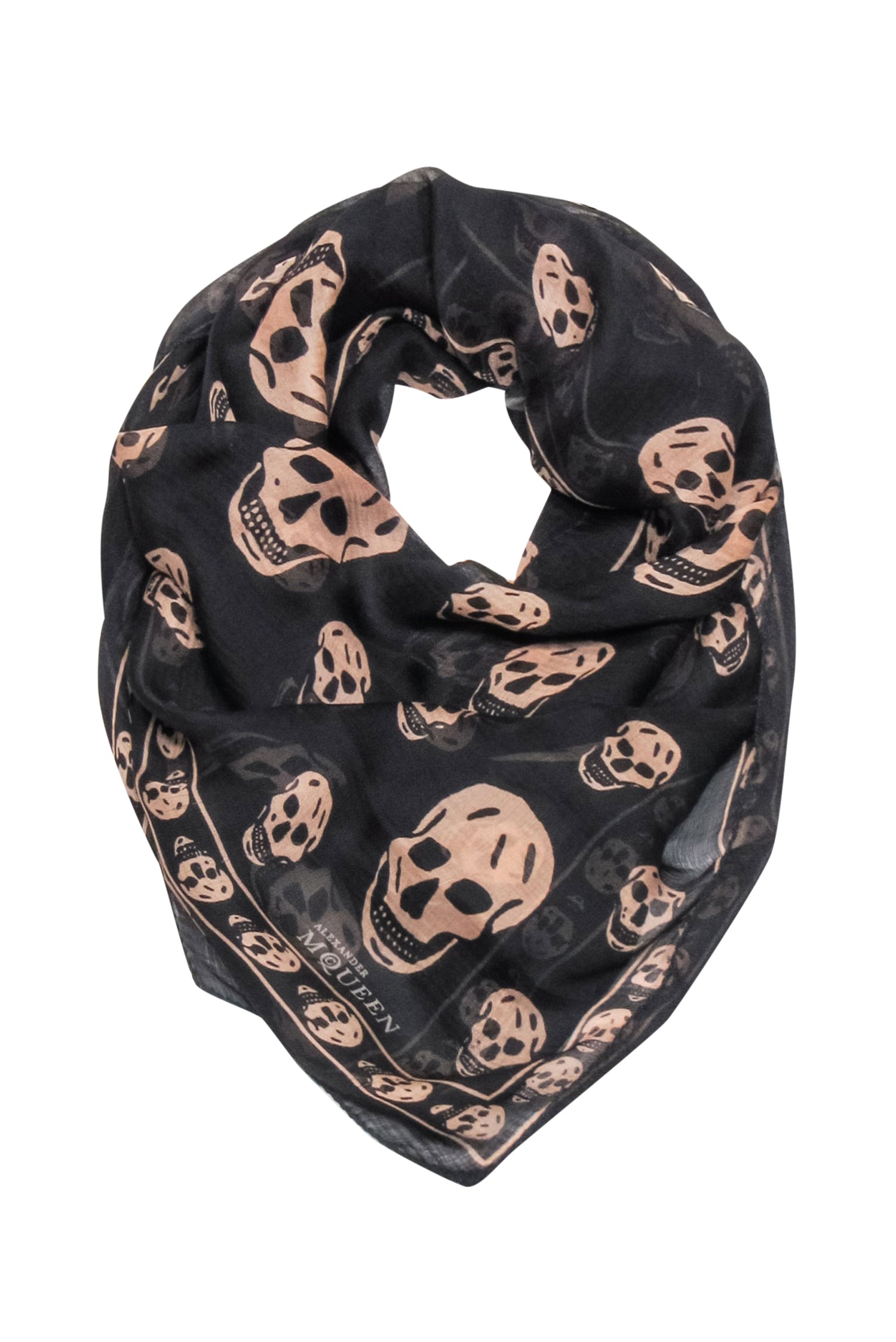 Alexander McQueen - Stunning Black & Tan Skull Printed Semi - Sheer Silk Scarf