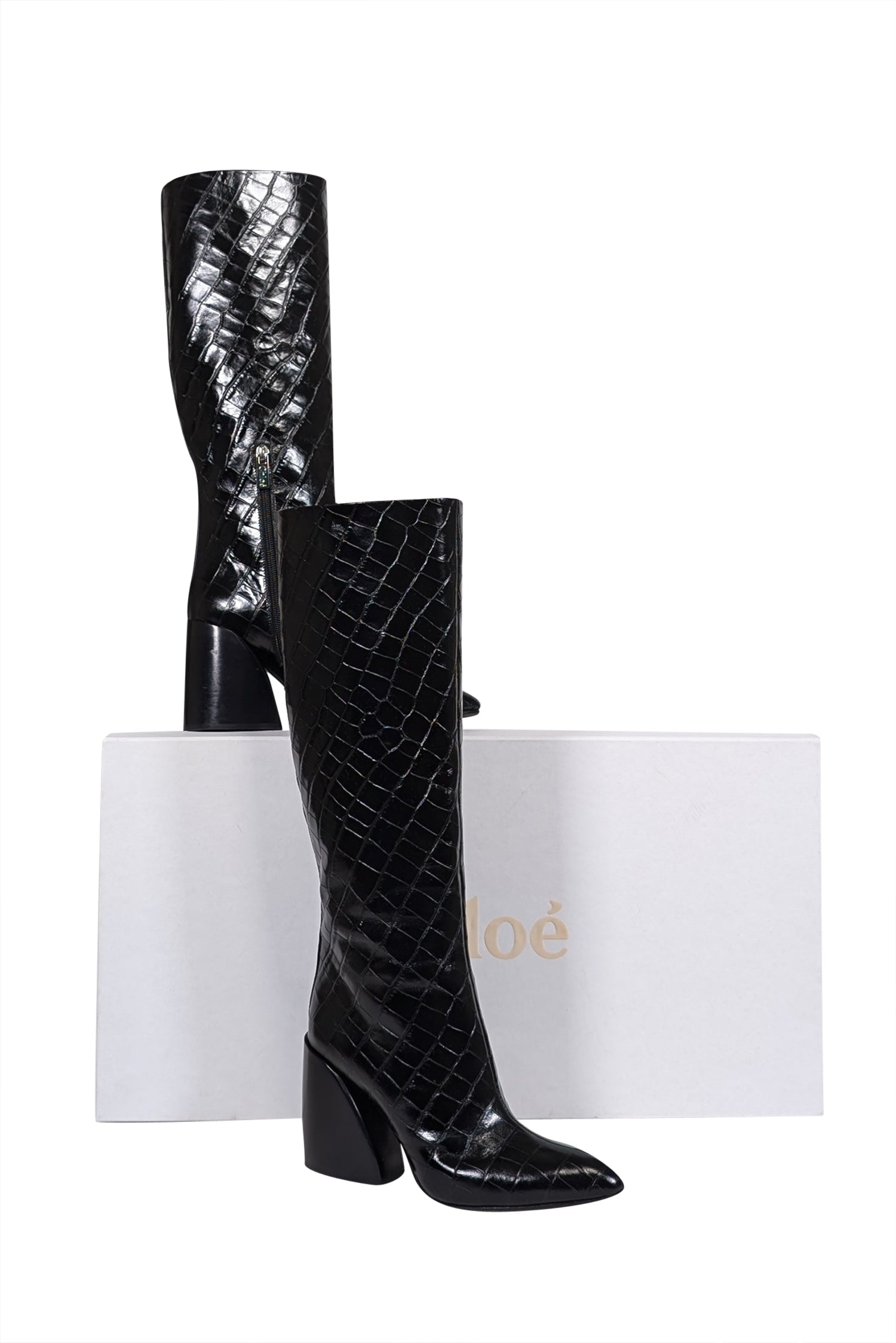 Chloe's Stunning Black Patent Croc Embossed Leather Tall Boots - Size 7.5