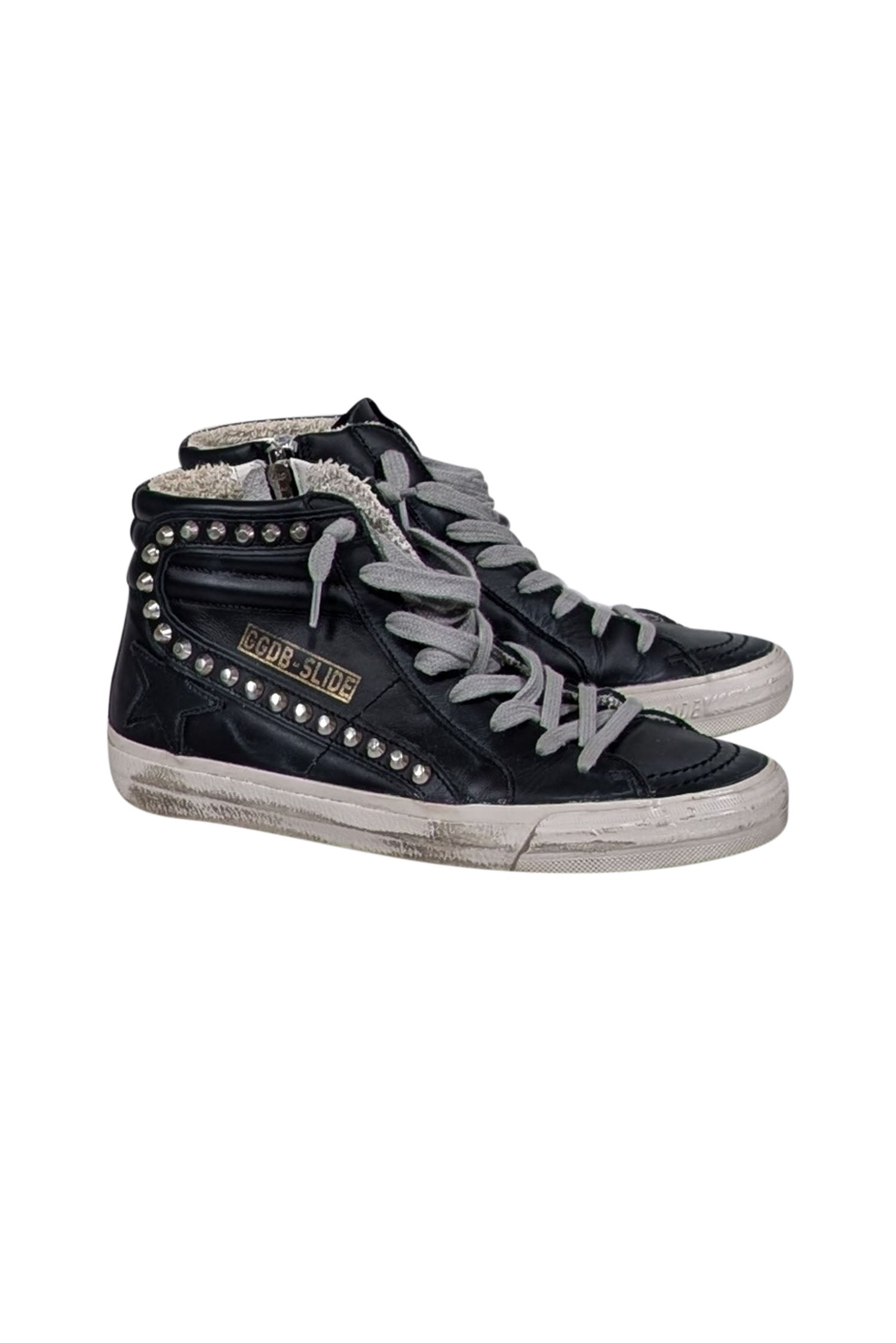 Golden Goose - Edgy Black Leather Slide Mid-Top Studded Sneakers, Size 7
