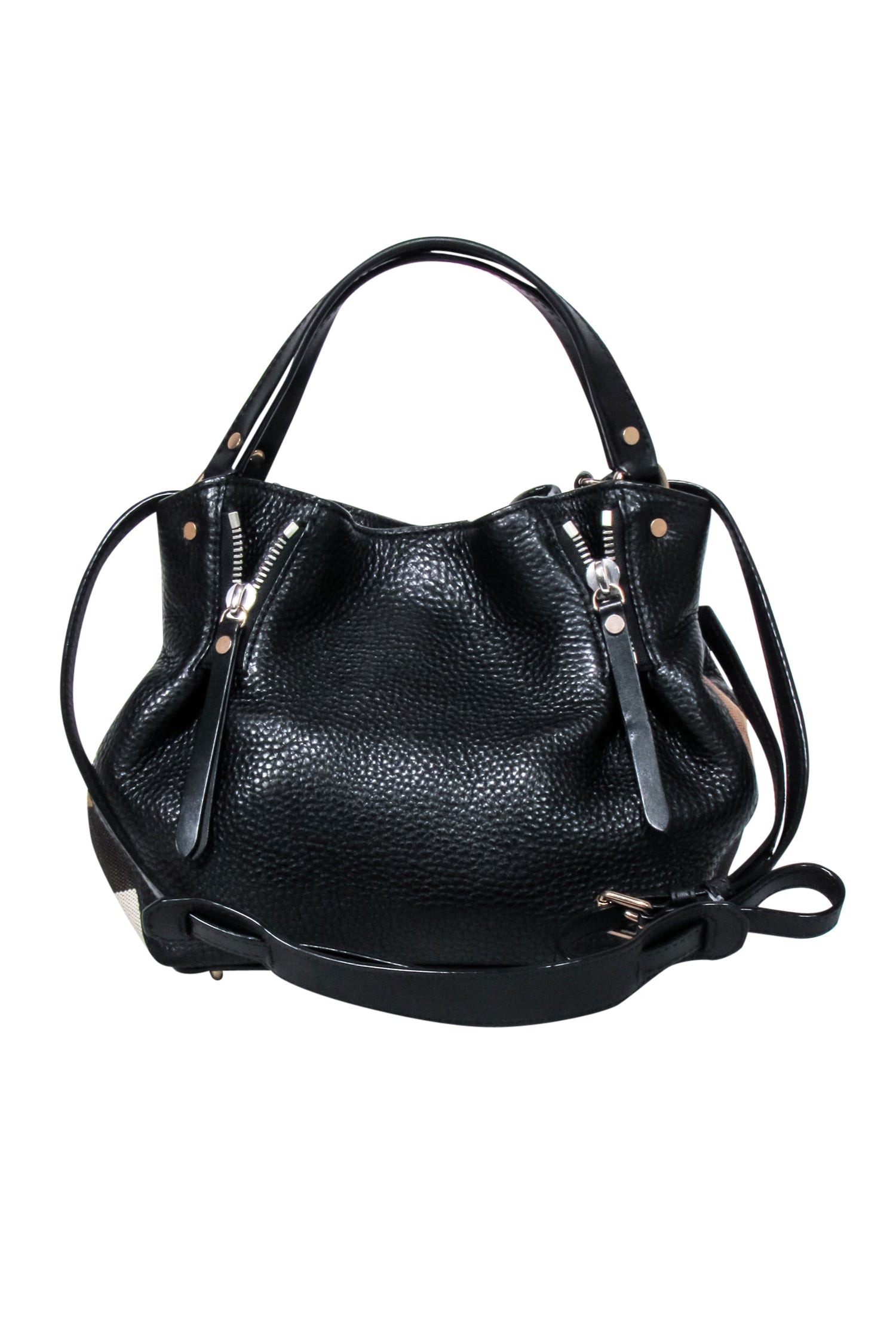 Burberry's Stylish Black Leather Crossbody Bag with Signature Plaid Sides