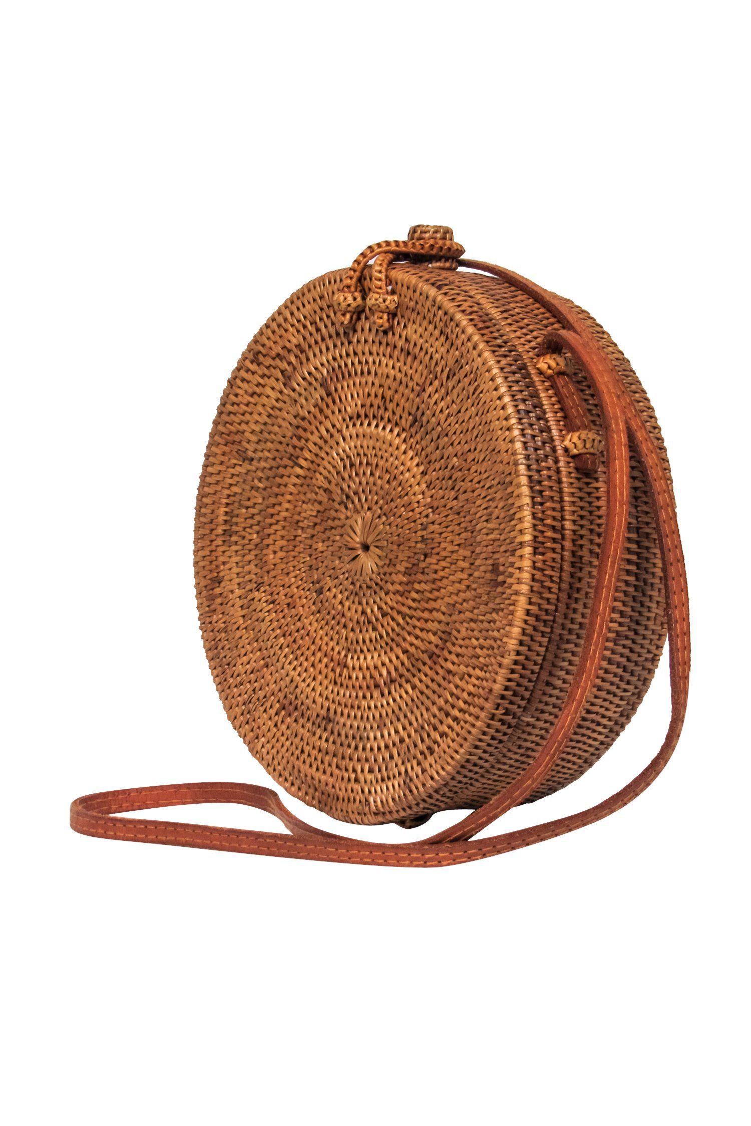 Bembien - Trendy Tan Wicker Circle Rose Crossbody Bag for Summer