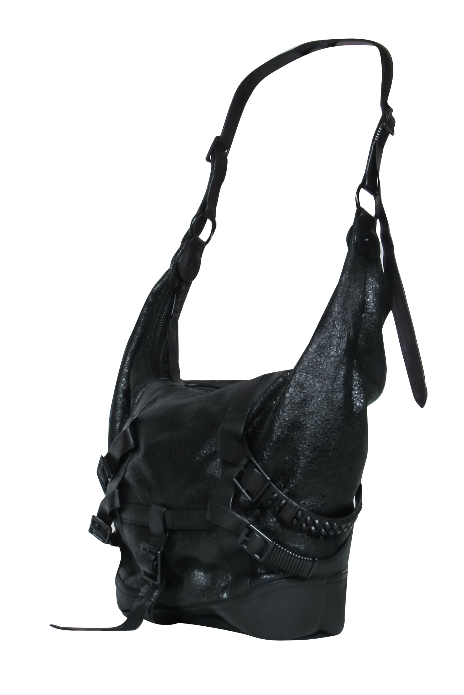 Ash Black Textured Leather Rocker Shoulder Bag with Buckles & Studs