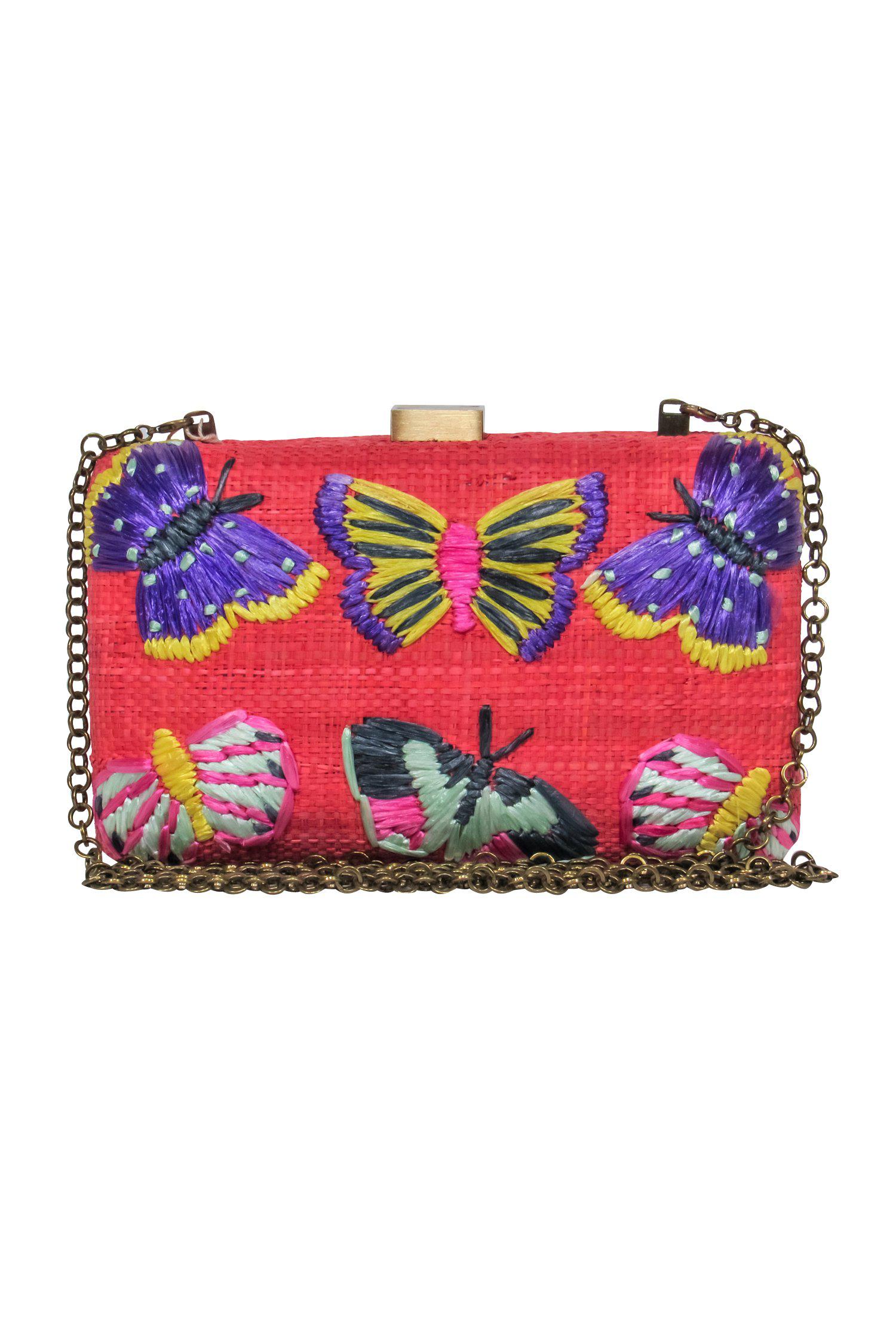 Serpui - Stunning Coral Wicker Structured Chain Crossbody with Butterfly Embroidery