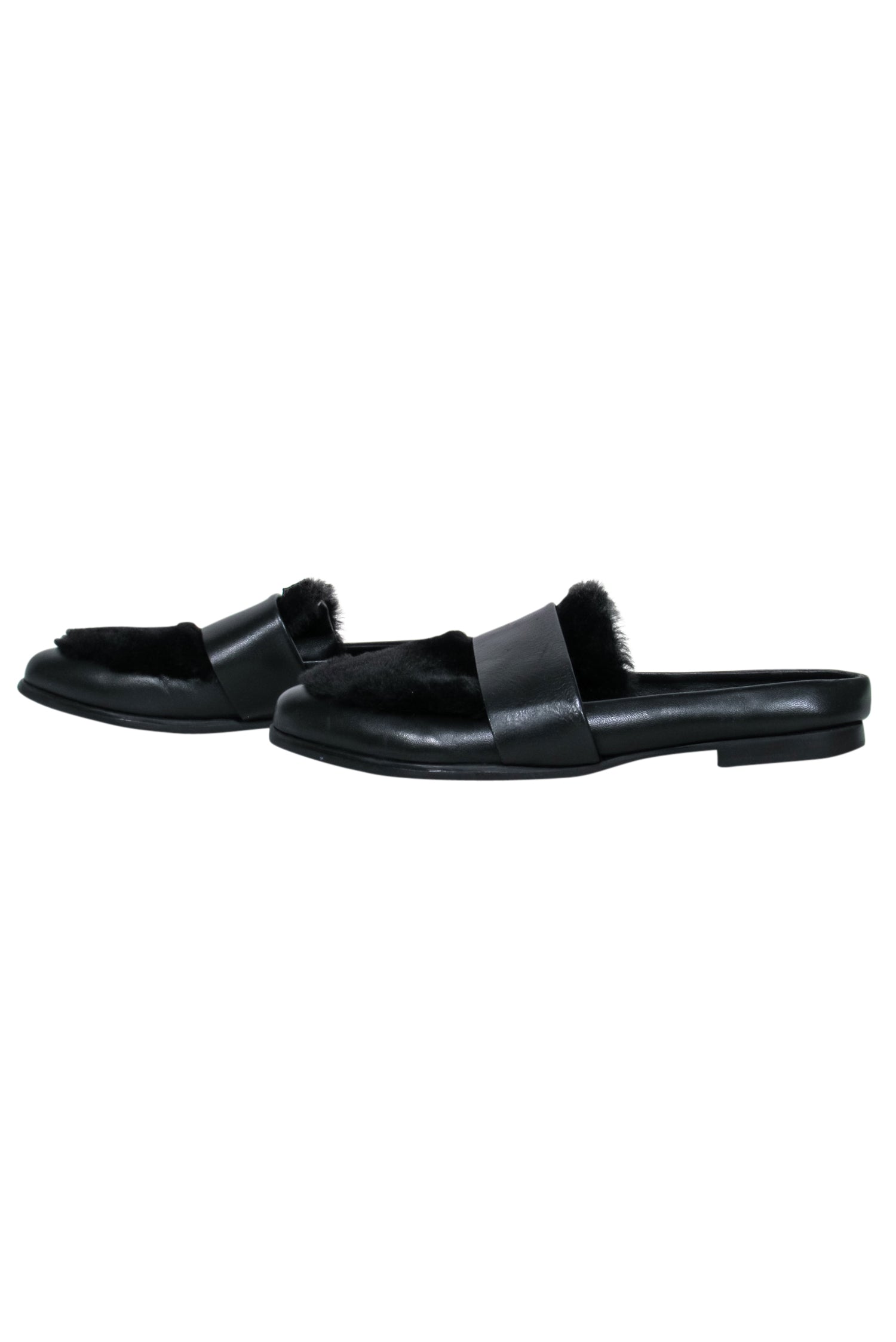 Sol Sana Black Leather Faux Fur Toe Mules - Size 8