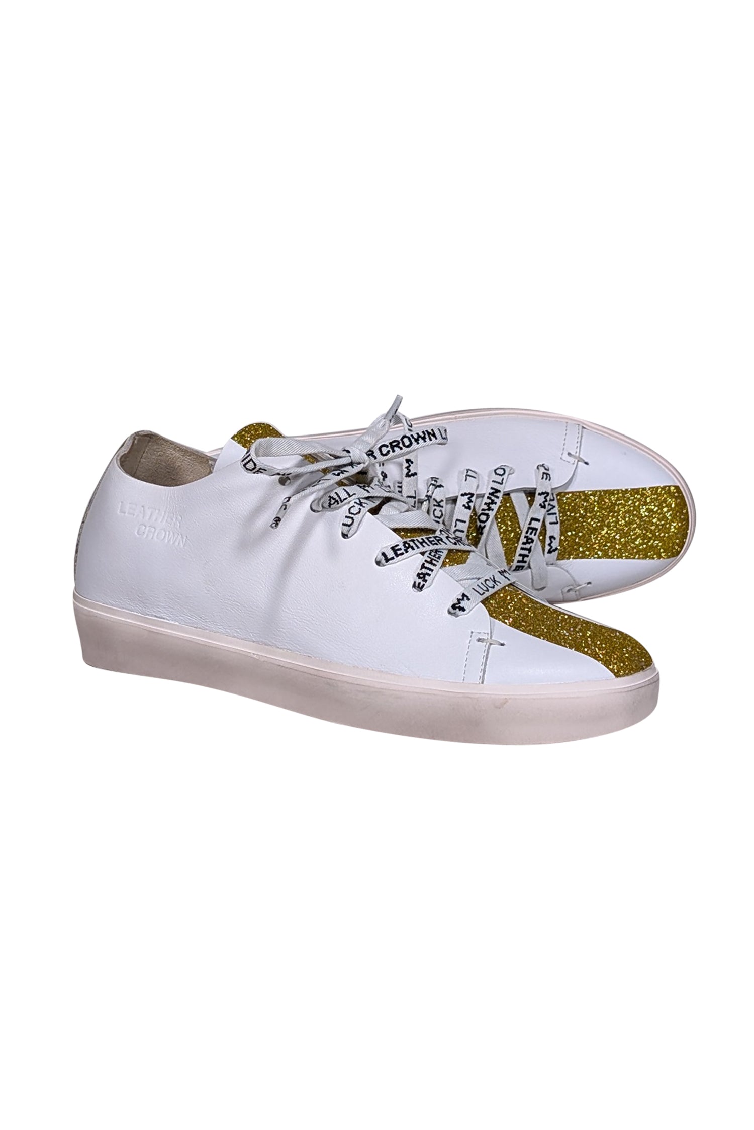 Gorgeous White Leather Crown Sneakers with Gold Glitter - Size 9