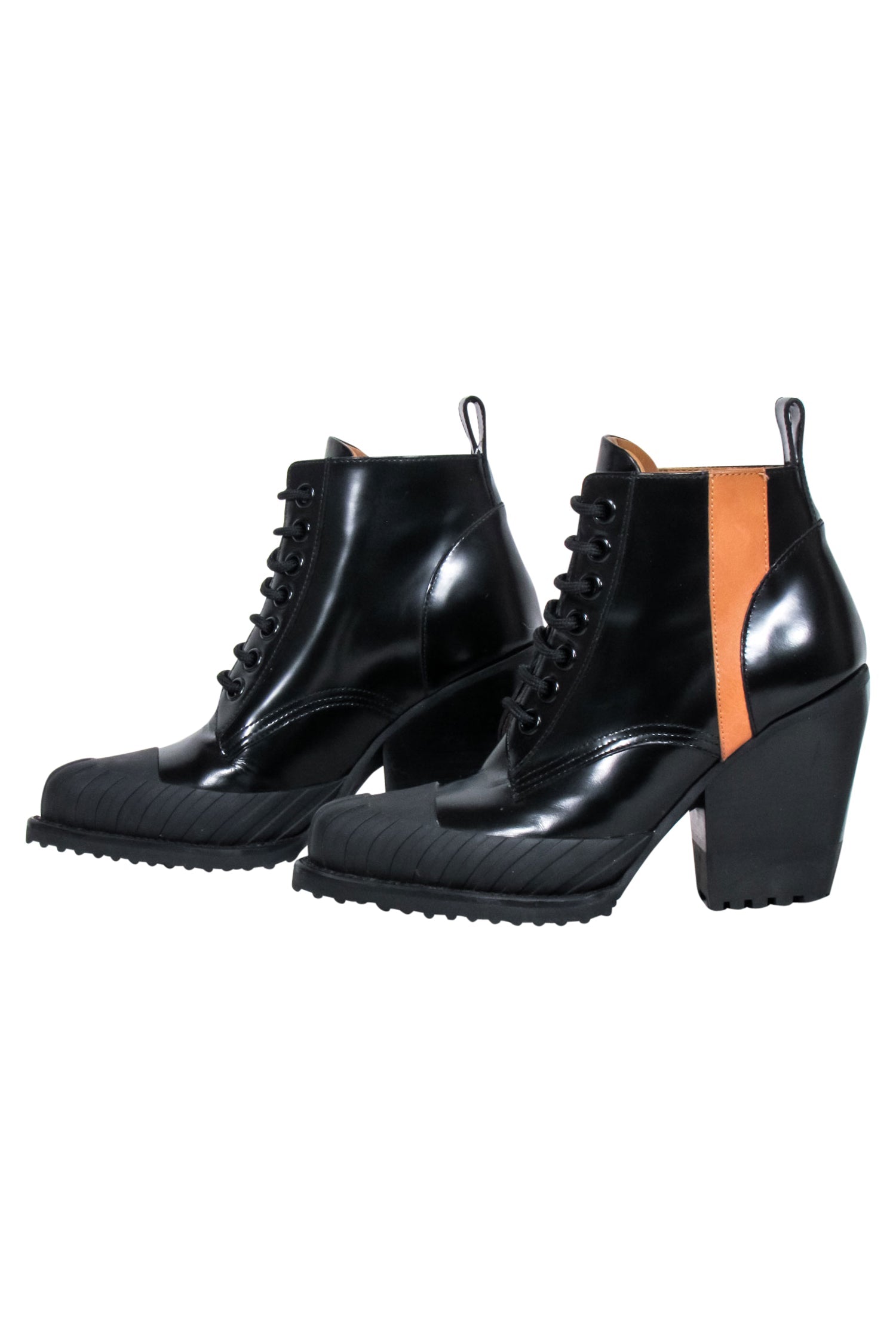 Chloe - Stunning Black & Tan Patent Leather Lace - Up Short Boots, Size 8