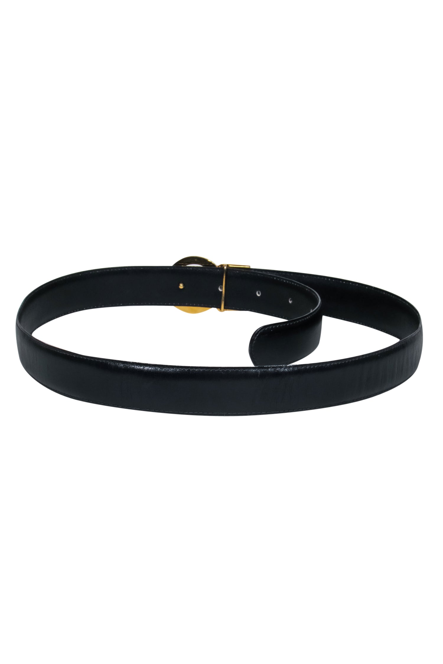 Mila Schon's Exquisite Black Leather Belt with Stunning Gold Clasp