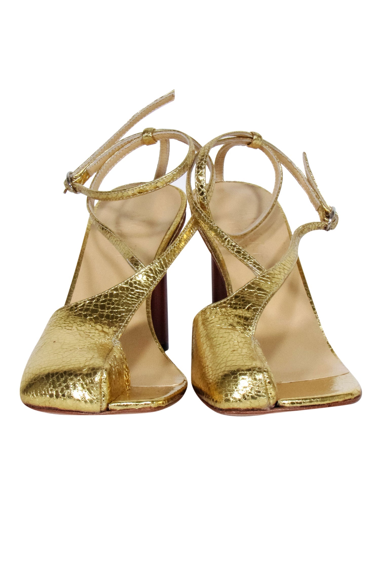 A.W.A.K.E. Mode - Stunning Gold Crinkled Foil Asymmetric Open - Toe Heels in Size 8