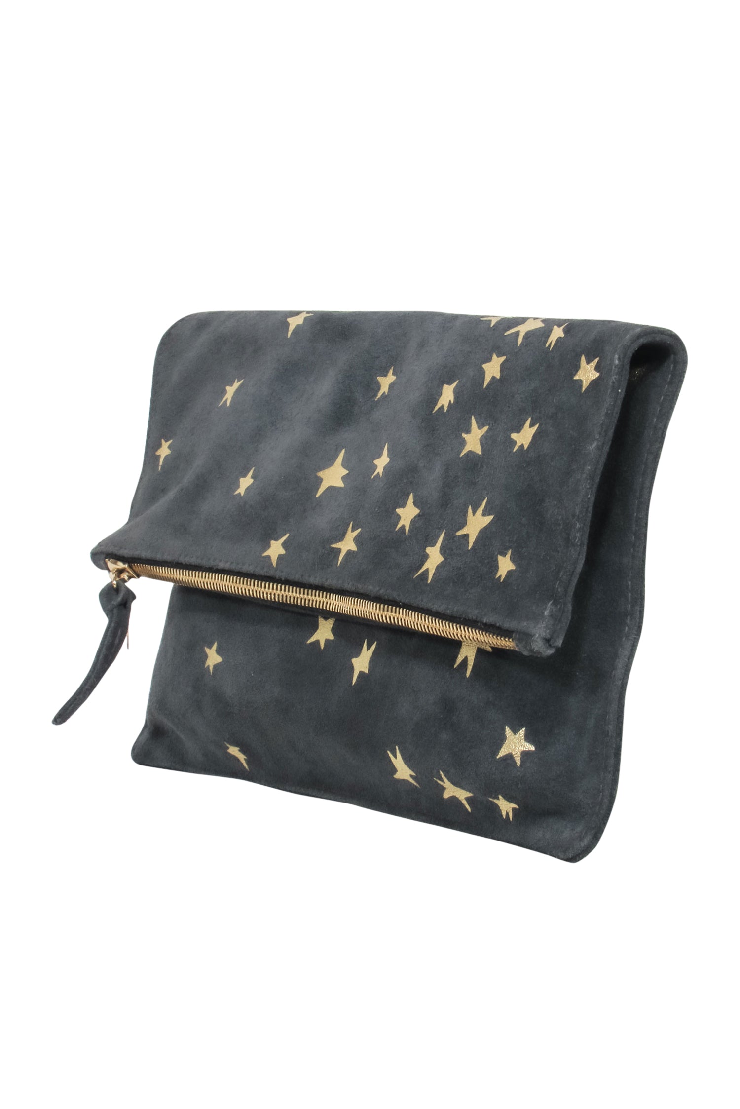 Clare V. - Stylish Grey Suede Pouch with Eye - Catching Metallic Gold Stars and Zippered Top