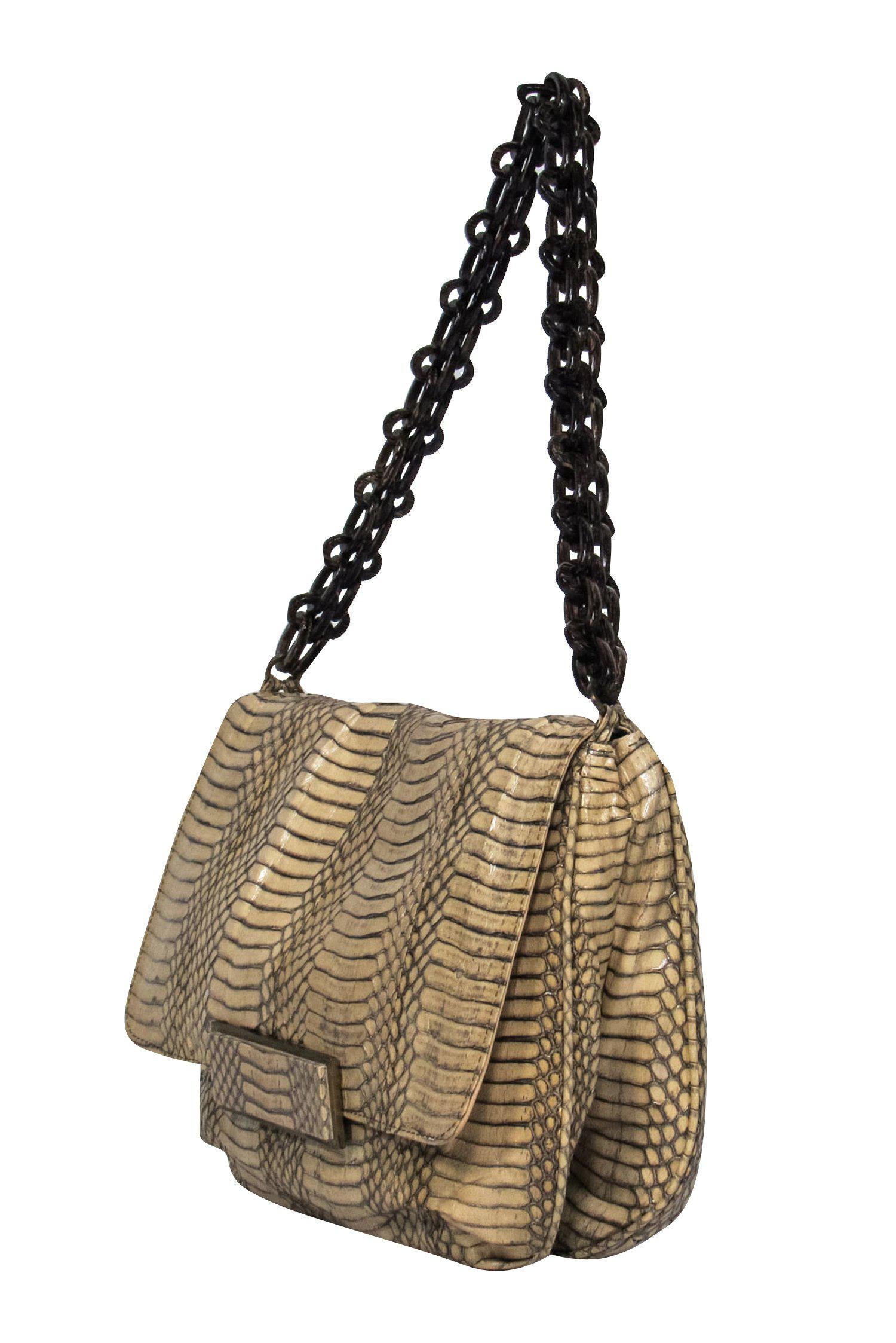 R&Y Augousti - Stunning Beige Snakeskin Shoulder Bag with Wooden Chain Handle