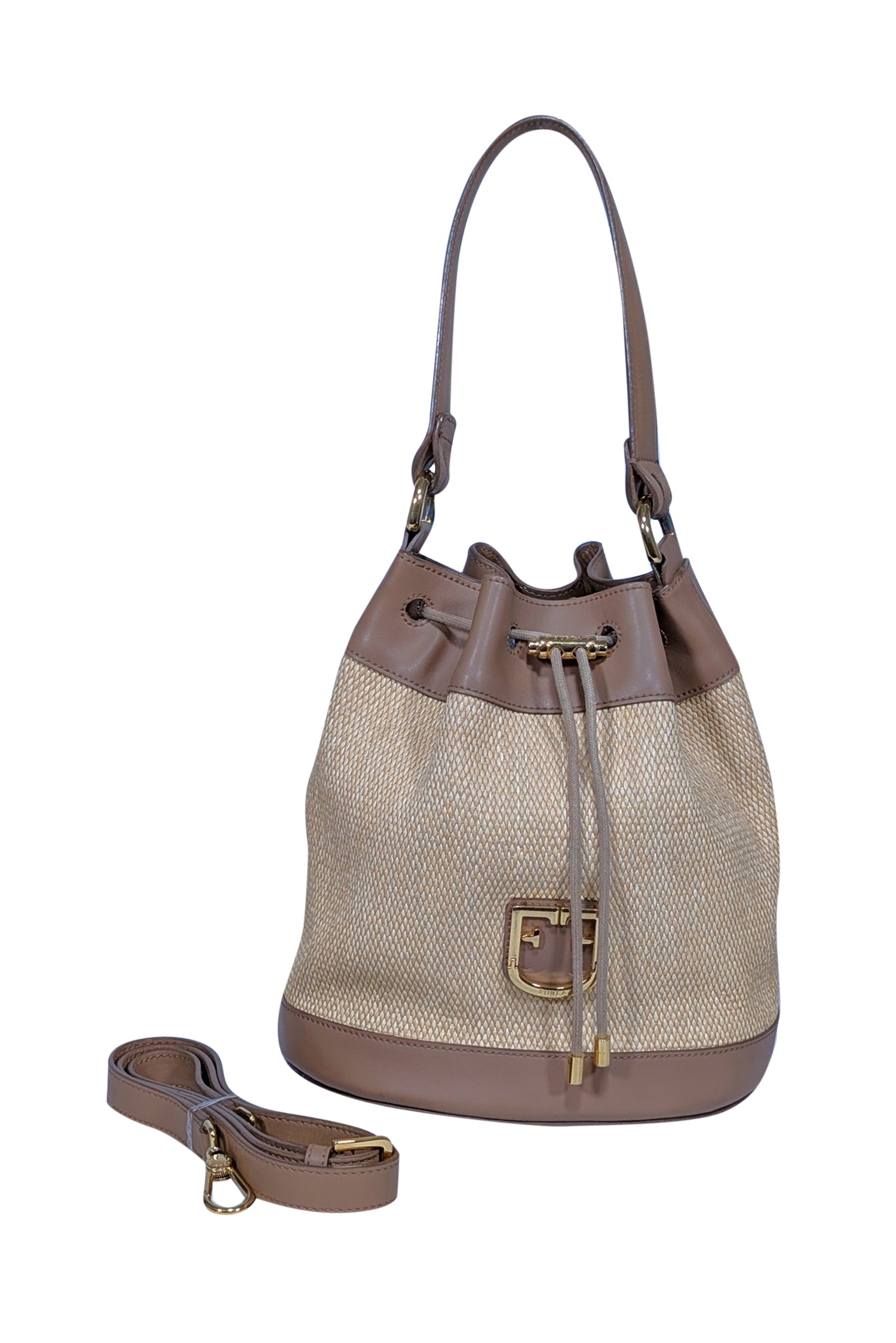 Furla's Irresistible Beige Raffia Bucket Bag with Genuine Leather Trims