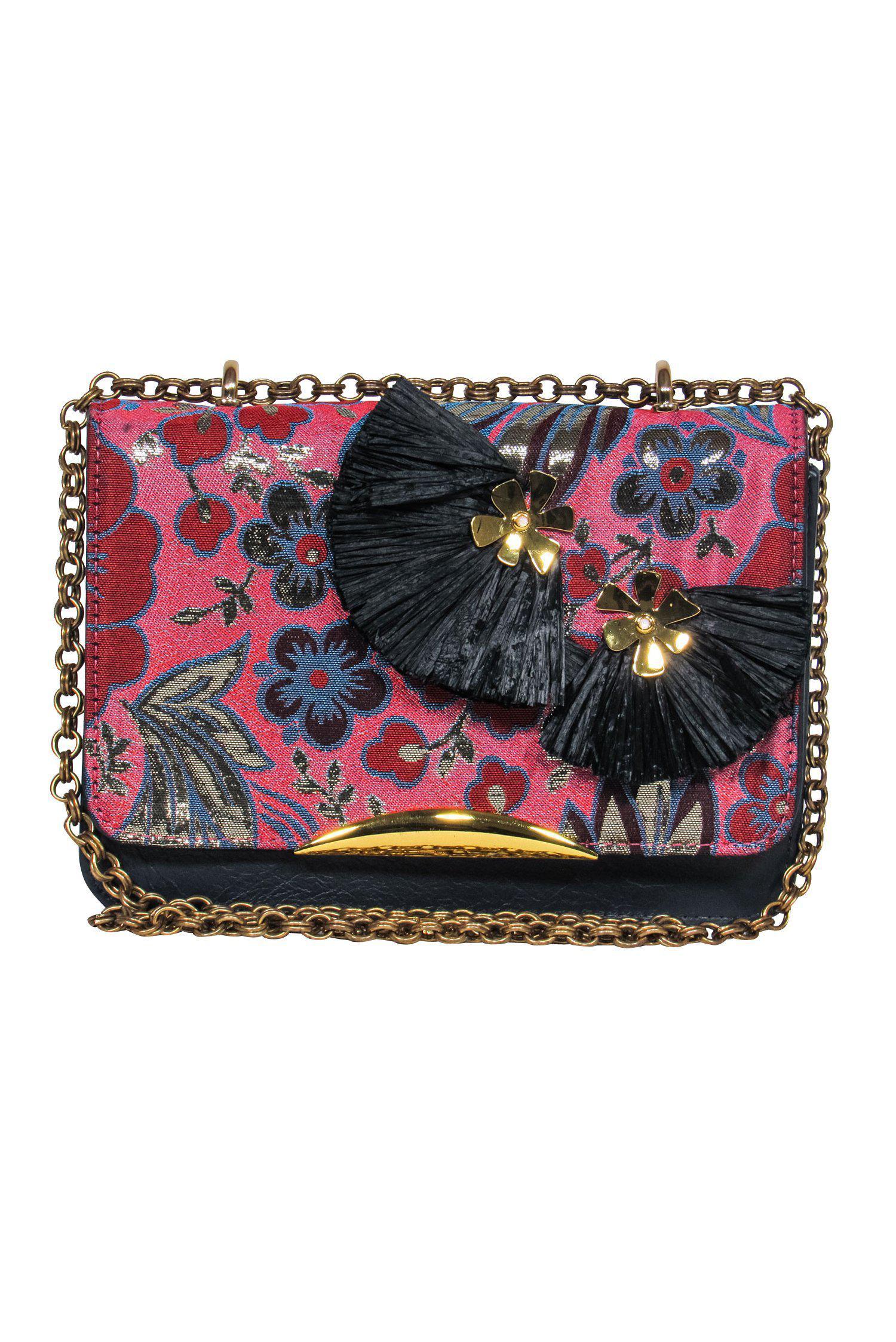 Lizzie Fortunato - Enchanting Metallic Floral Handbag with Raffia Charms