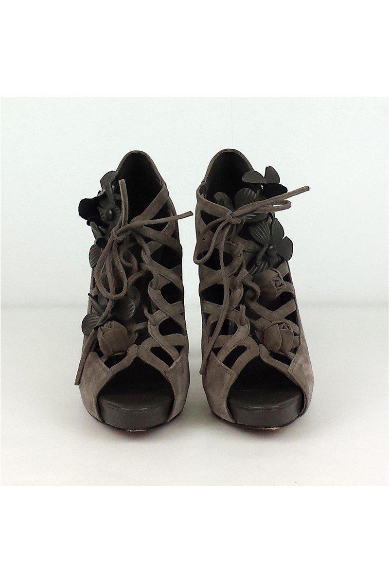 Menbur Gray Suede Floral Detail Lace - Up Peep - Toe Heels in Size 8.5