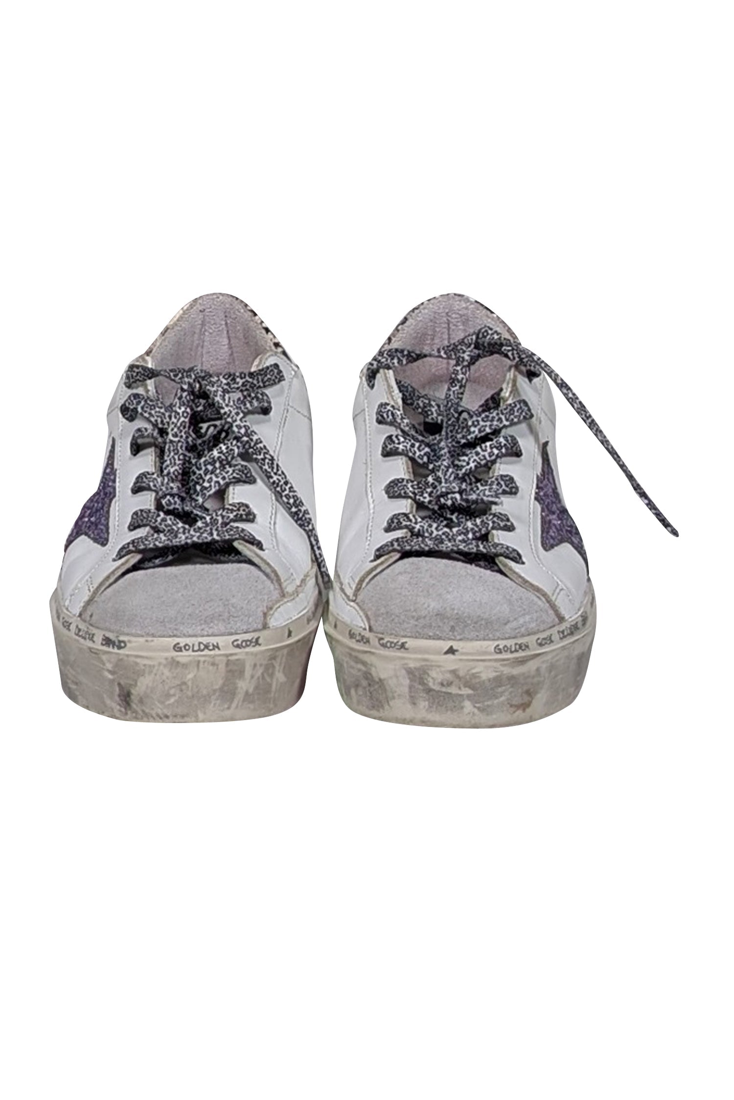 Golden Goose White Hi - Star Sneakers with Purple Glitter Star - Size 8