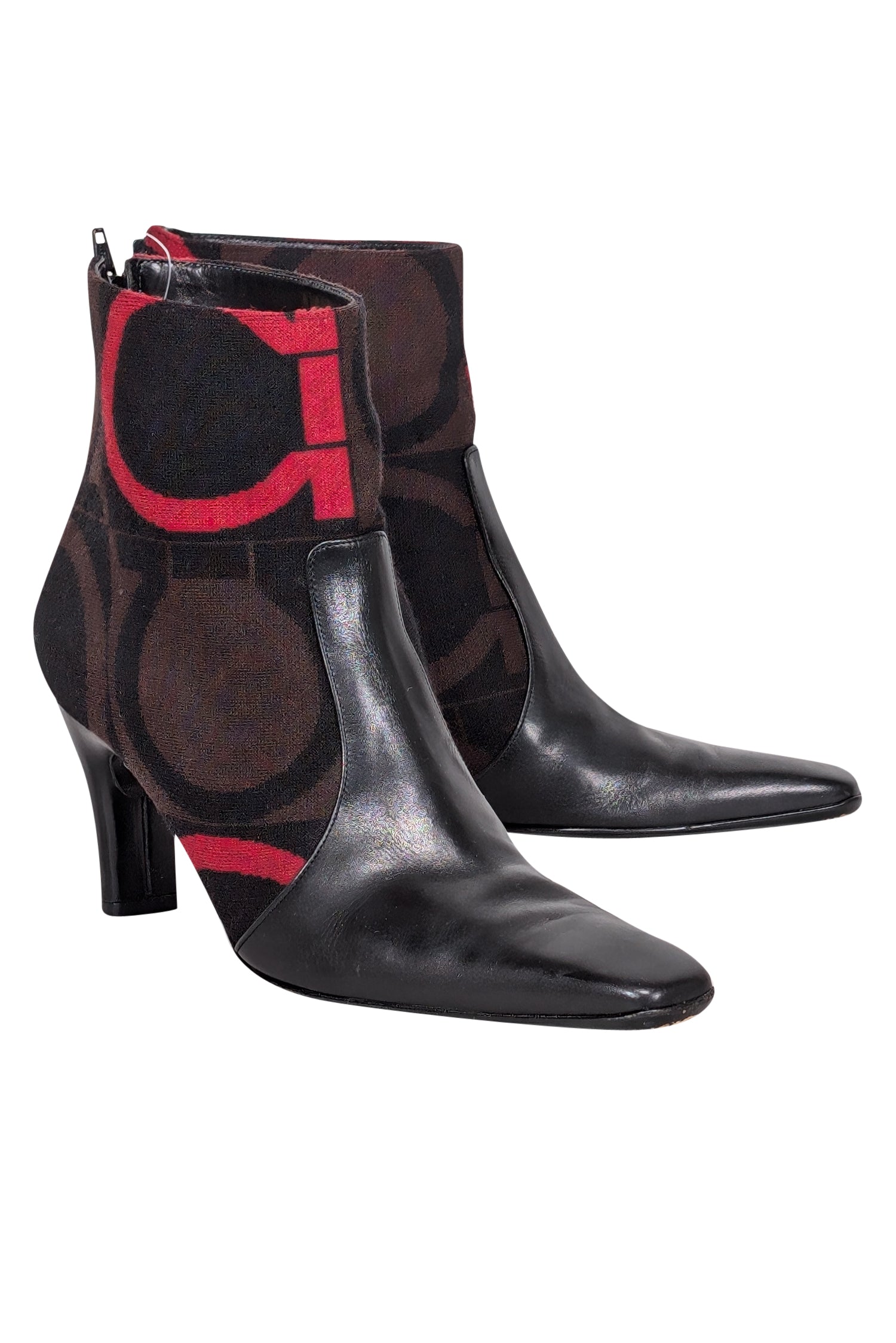 Ferragamo Stylish Black Leather Short Boots with Brown & Red Print - Size 9